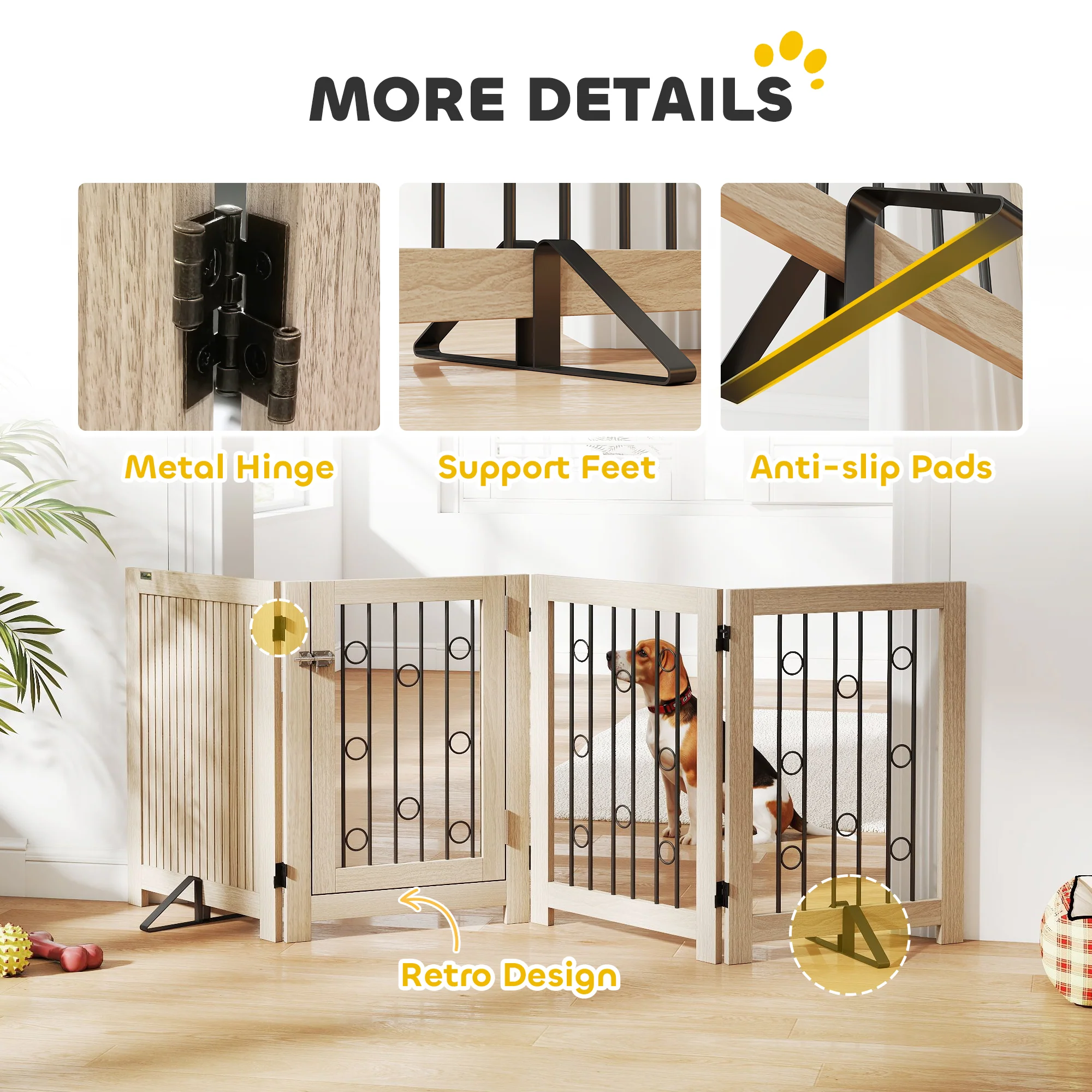 PawHut 4 Panel Freestanding Pet Gate Foldable with Door for Stairs, Doorway - Image 8