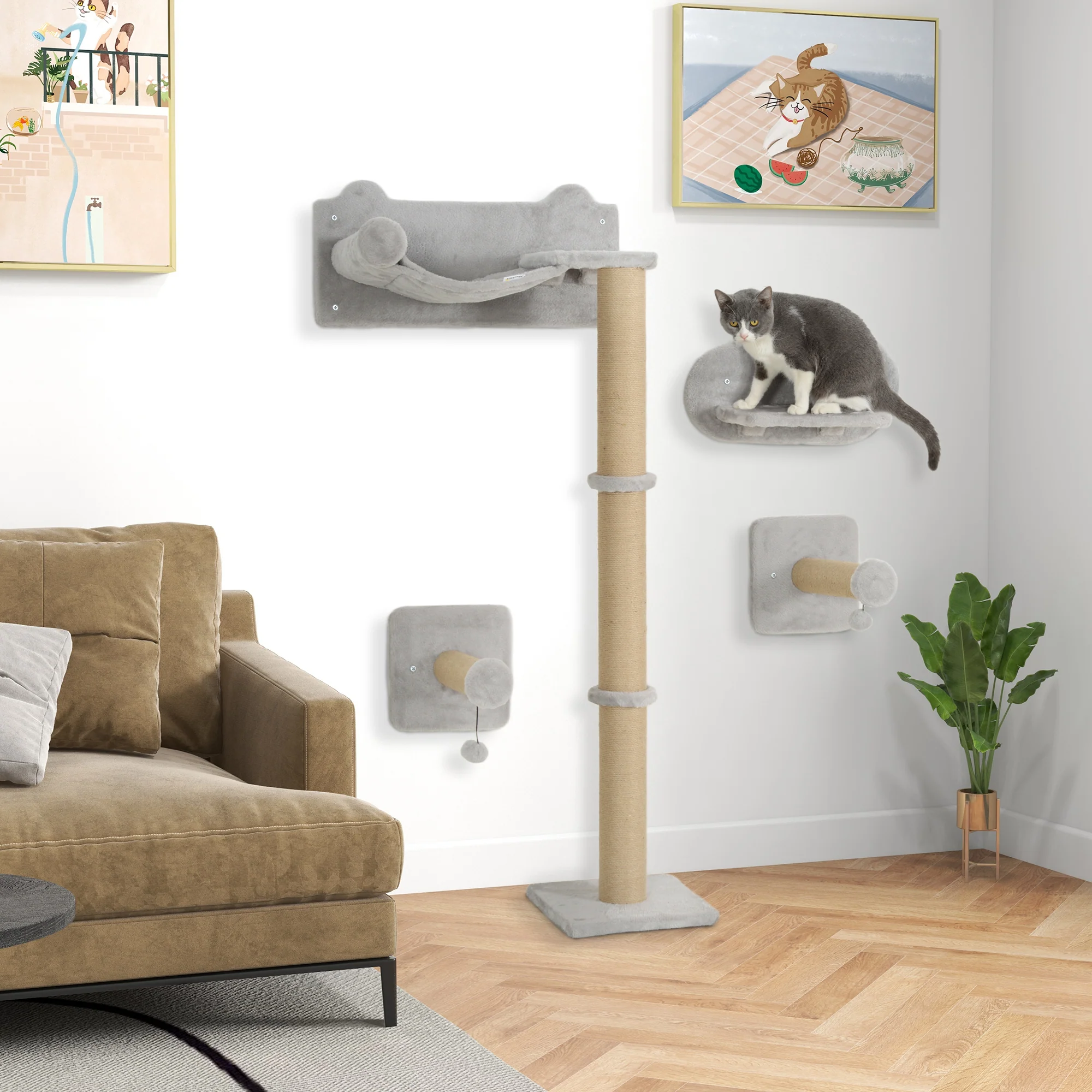 PawHut 4 Piece Cat Shelves w/ Scratching Post, Steps, Jumping Platform - Image 2