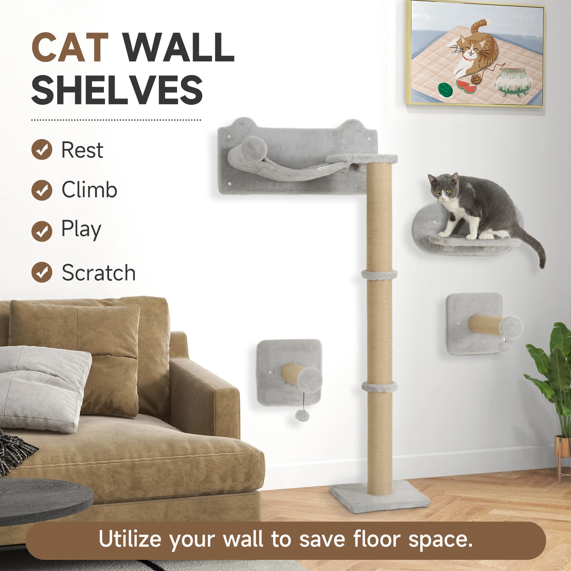 PawHut 4 Piece Cat Shelves w/ Scratching Post, Steps, Jumping Platform - Image 3
