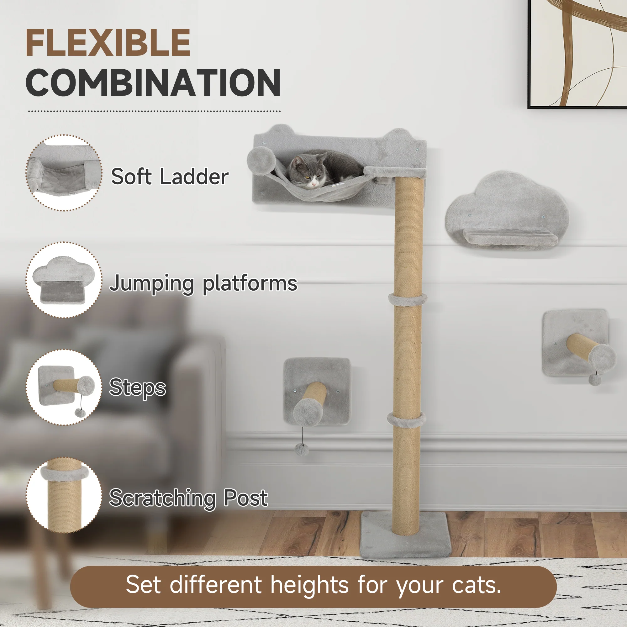 PawHut 4 Piece Cat Shelves w/ Scratching Post, Steps, Jumping Platform - Image 4
