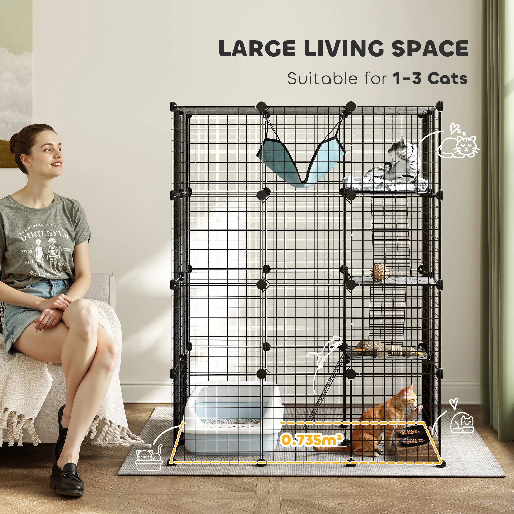 PawHut 4-Tier Cat Cage Indoor, DIY Cat Playpen With Hammock, Ramps, 5 Doors - Image 3