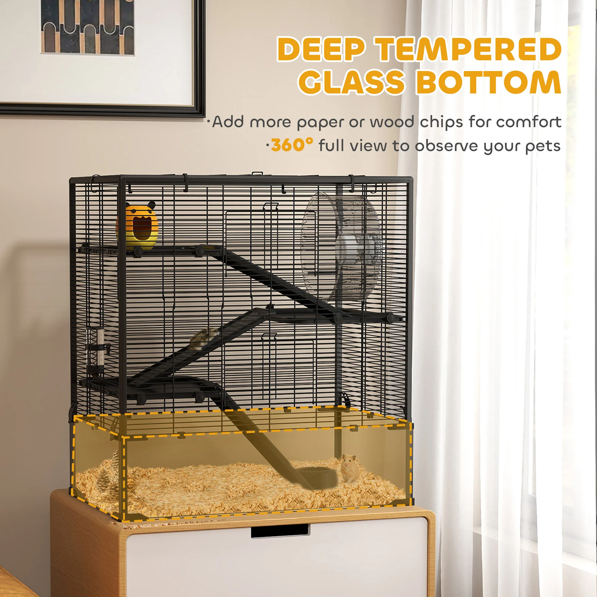 PawHut 4 Tiers Hamster Cage W/ Deep Tempered Glass Bottom 78.5 X 48.5 X 80cm - Image 3