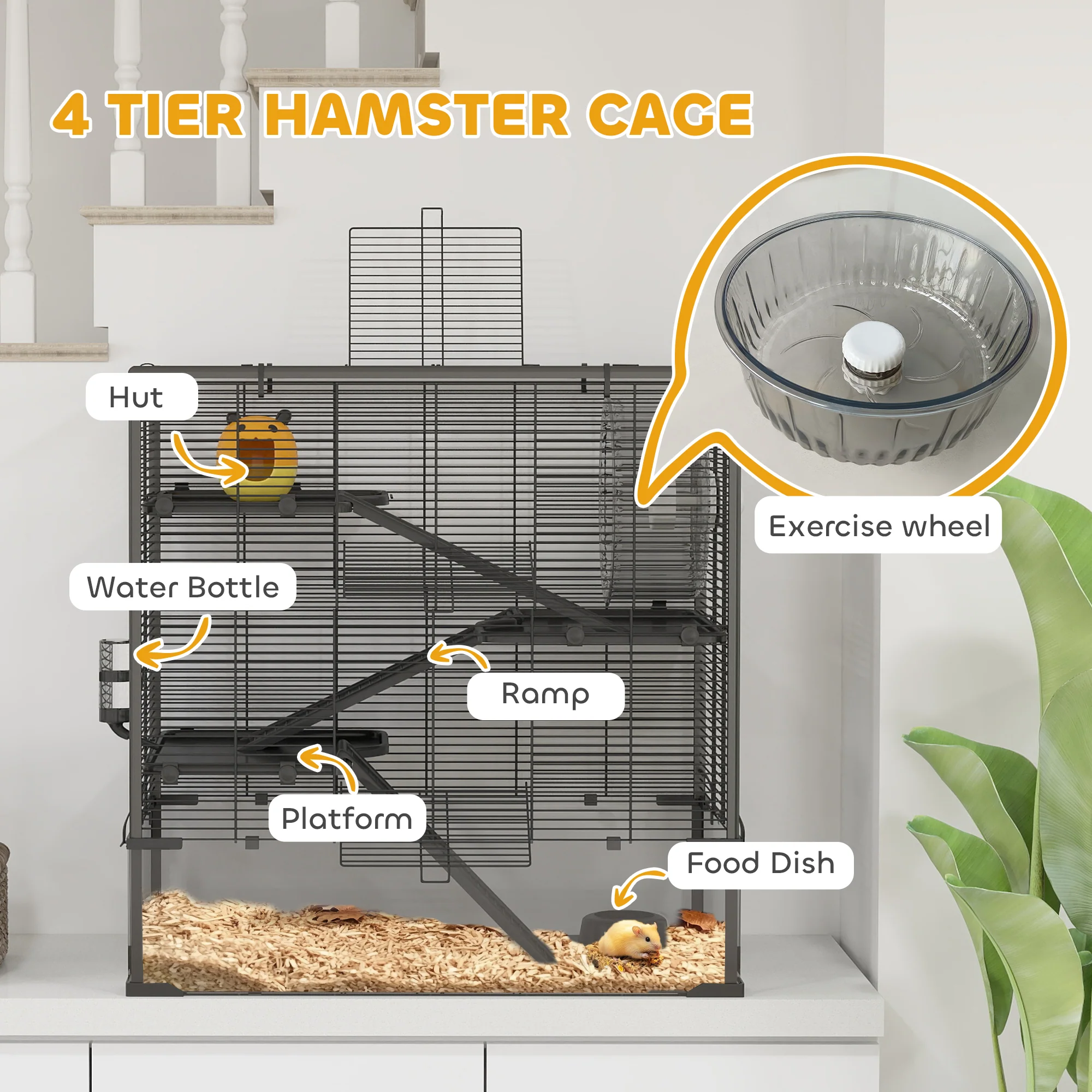 PawHut 4 Tiers Hamster Cage W/ Deep Tempered Glass Bottom 78.5 X 48.5 X 80cm - Image 4