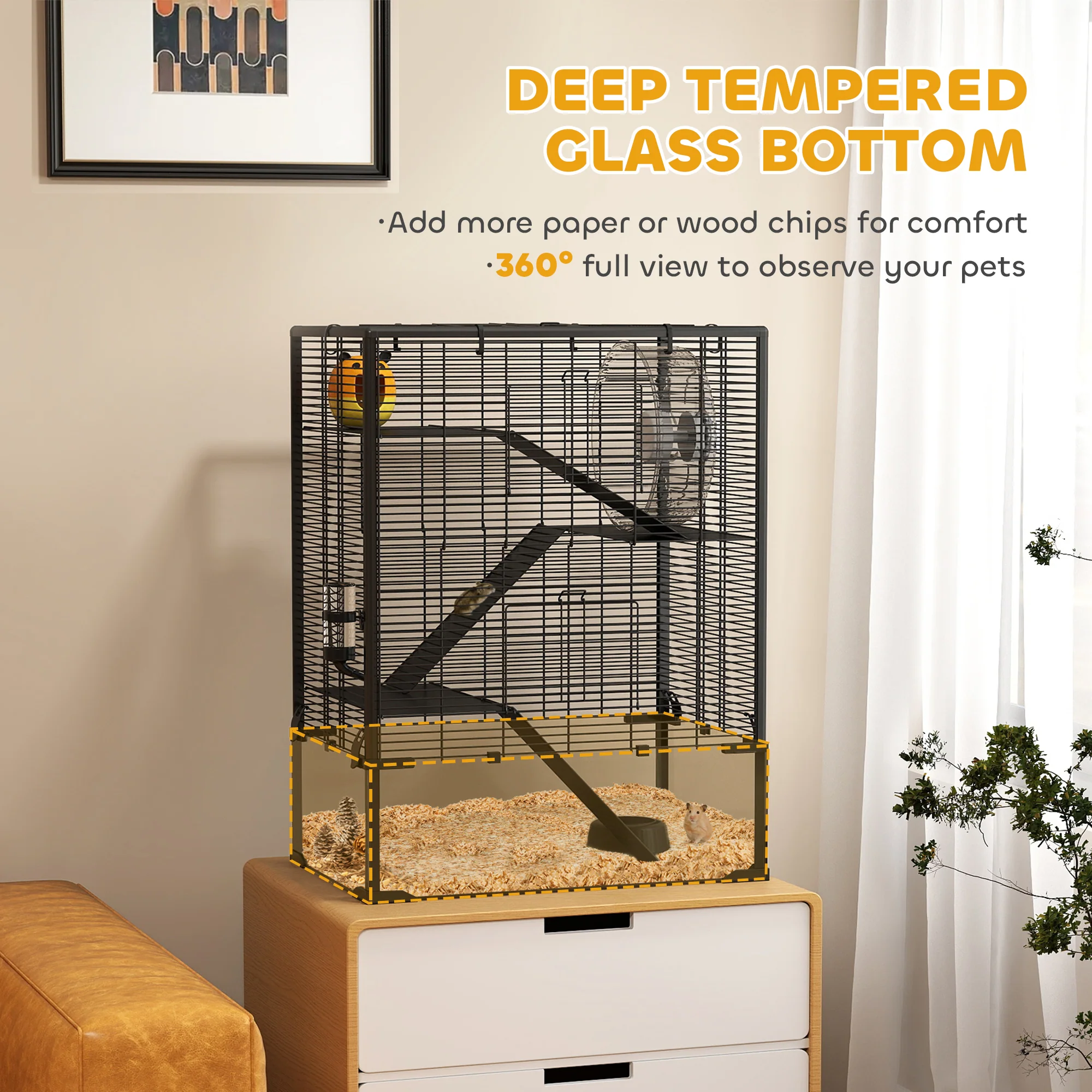 PawHut 4 Tiers Hamster Cage With Deep Tempered Glass Bottom, 60 X 40 X 80cm - Image 3