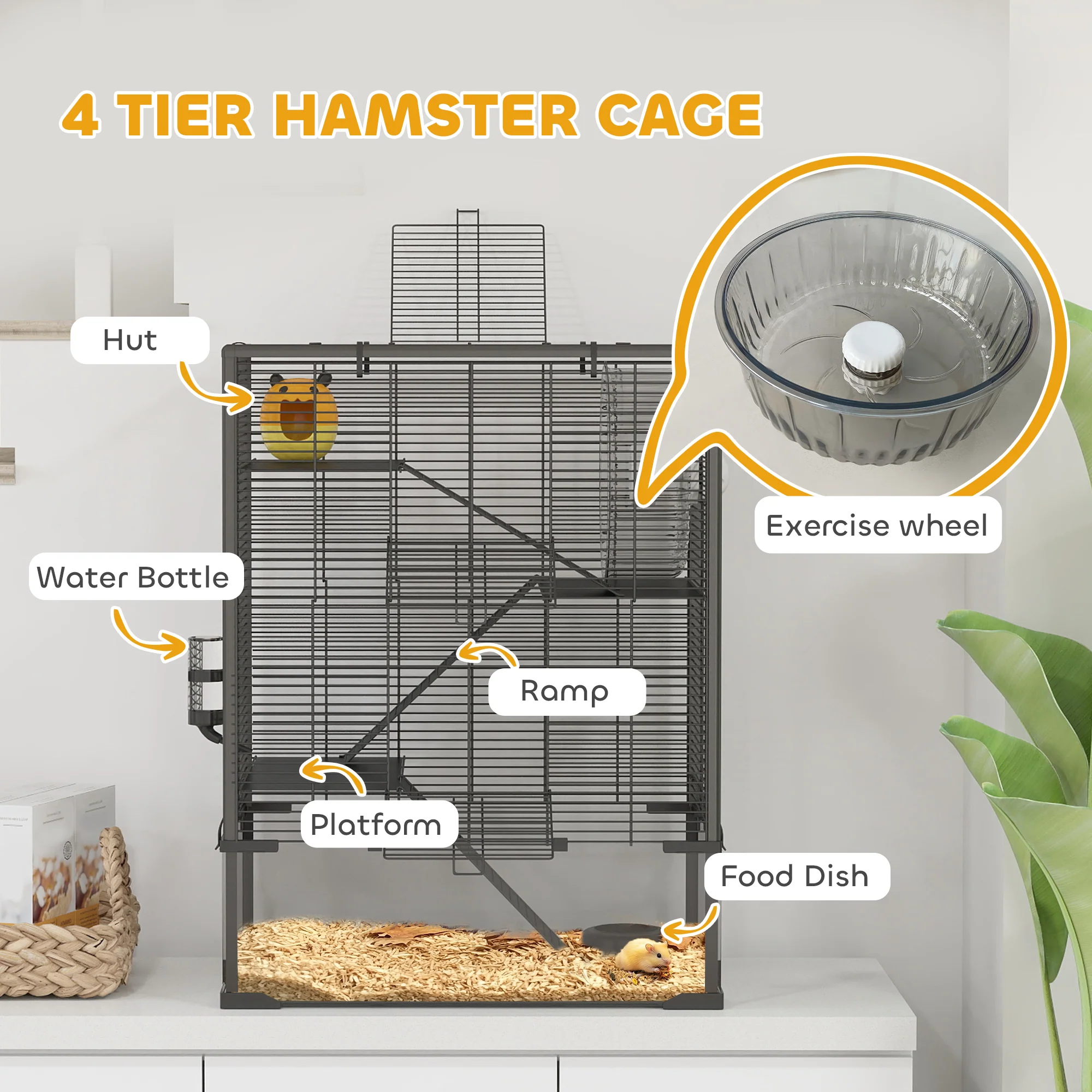 PawHut 4 Tiers Hamster Cage With Deep Tempered Glass Bottom, 60 X 40 X 80cm - Image 4