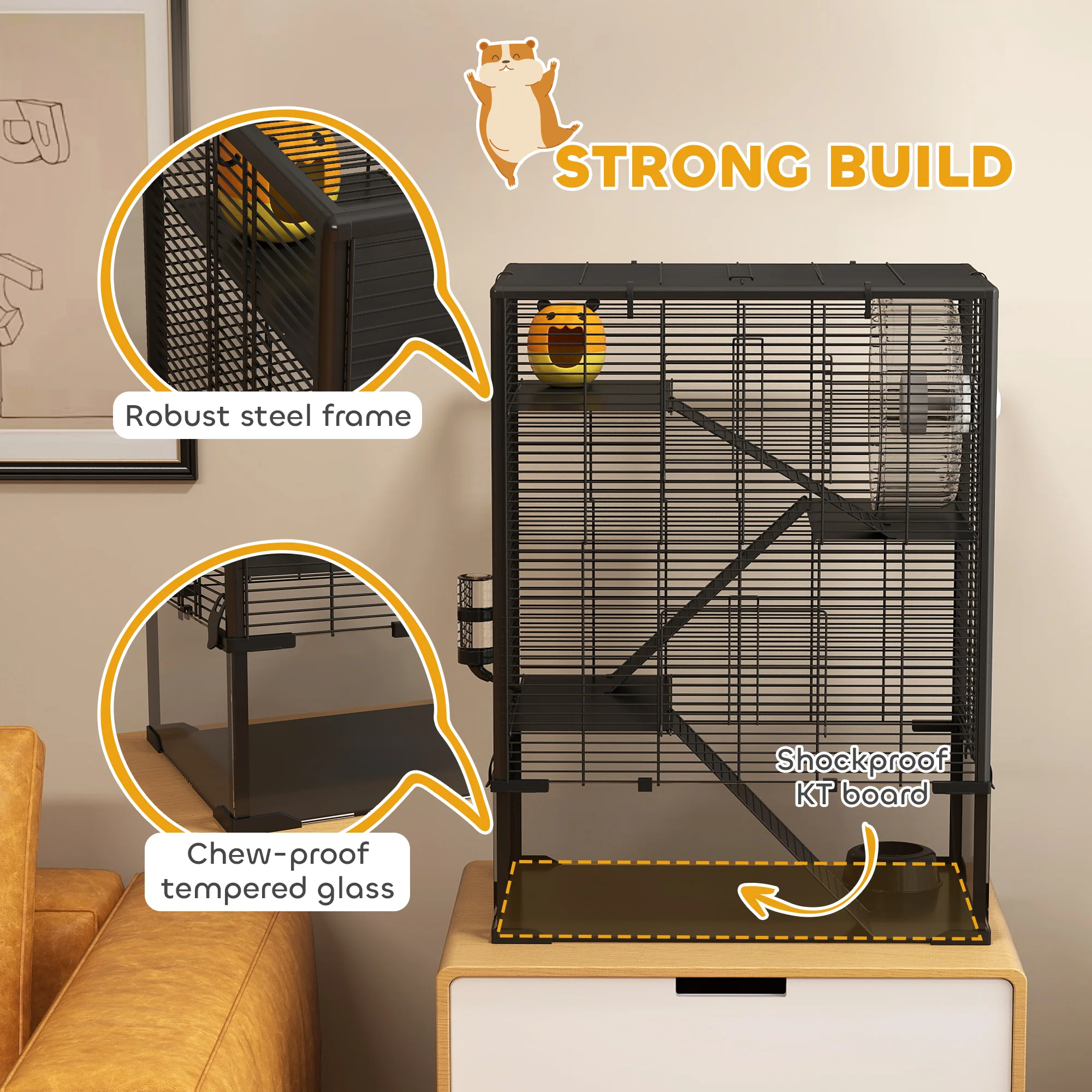 PawHut 4 Tiers Hamster Cage With Deep Tempered Glass Bottom, 60 X 40 X 80cm - Image 7