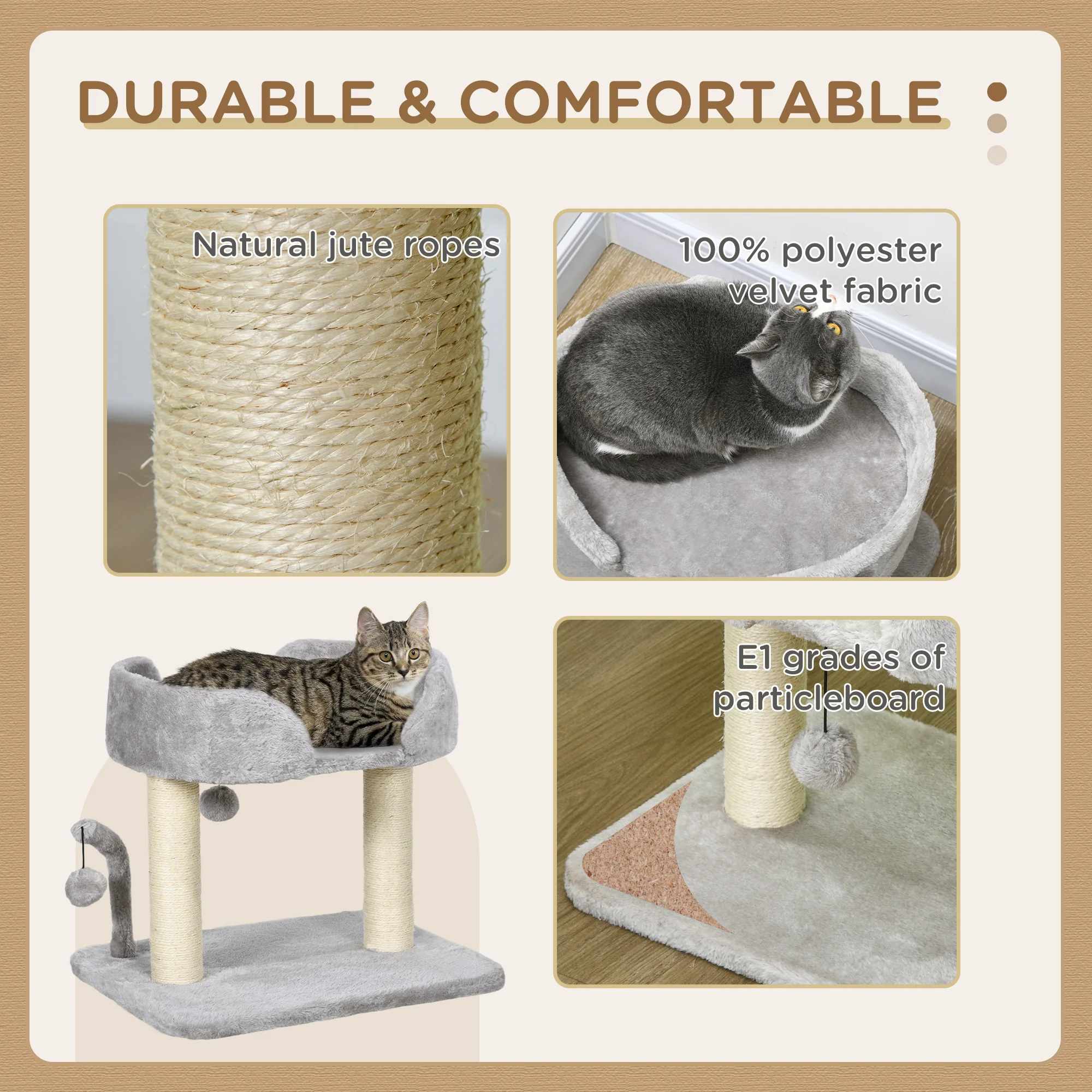 PawHut 42cm Indoor Cat Tree, Kitty Play Tower W/ Toy Balls Sisal Scratching Post - Image 3