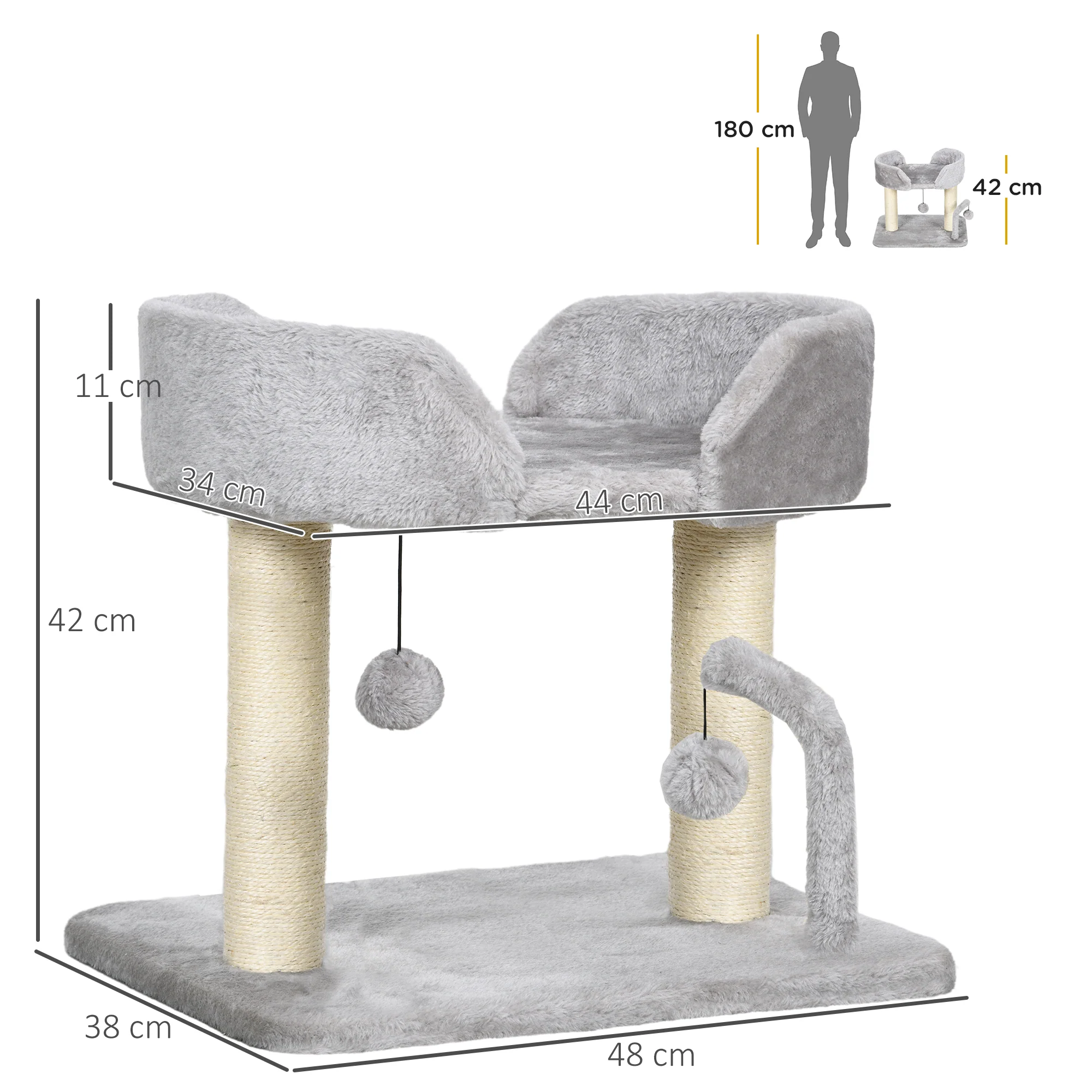 PawHut 42cm Indoor Cat Tree, Kitty Play Tower W/ Toy Balls Sisal Scratching Post - Image 5