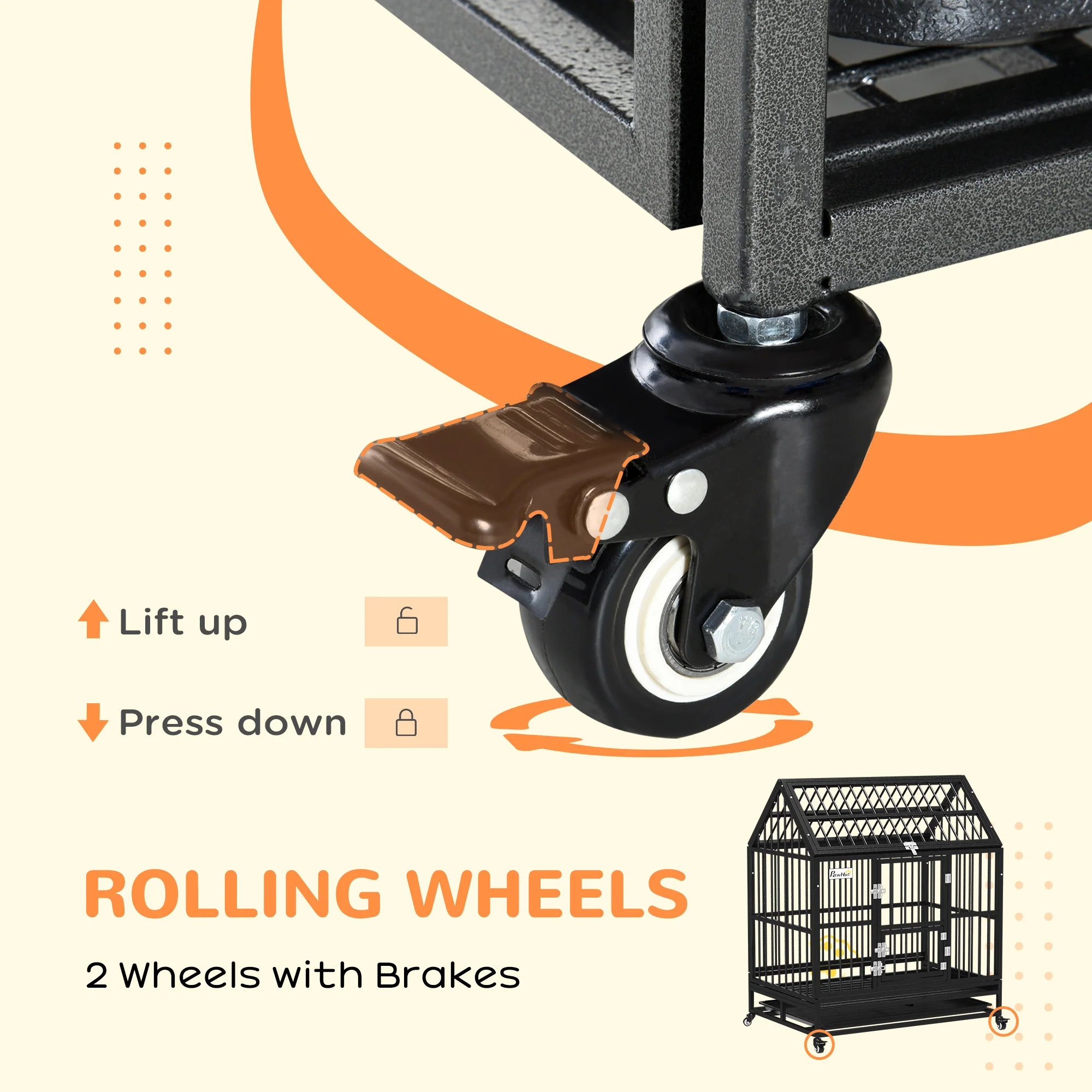PawHut 43 Inch Heavy Duty Dog Crate On Wheels W/ Removable Tray, Openable Top - Image 4