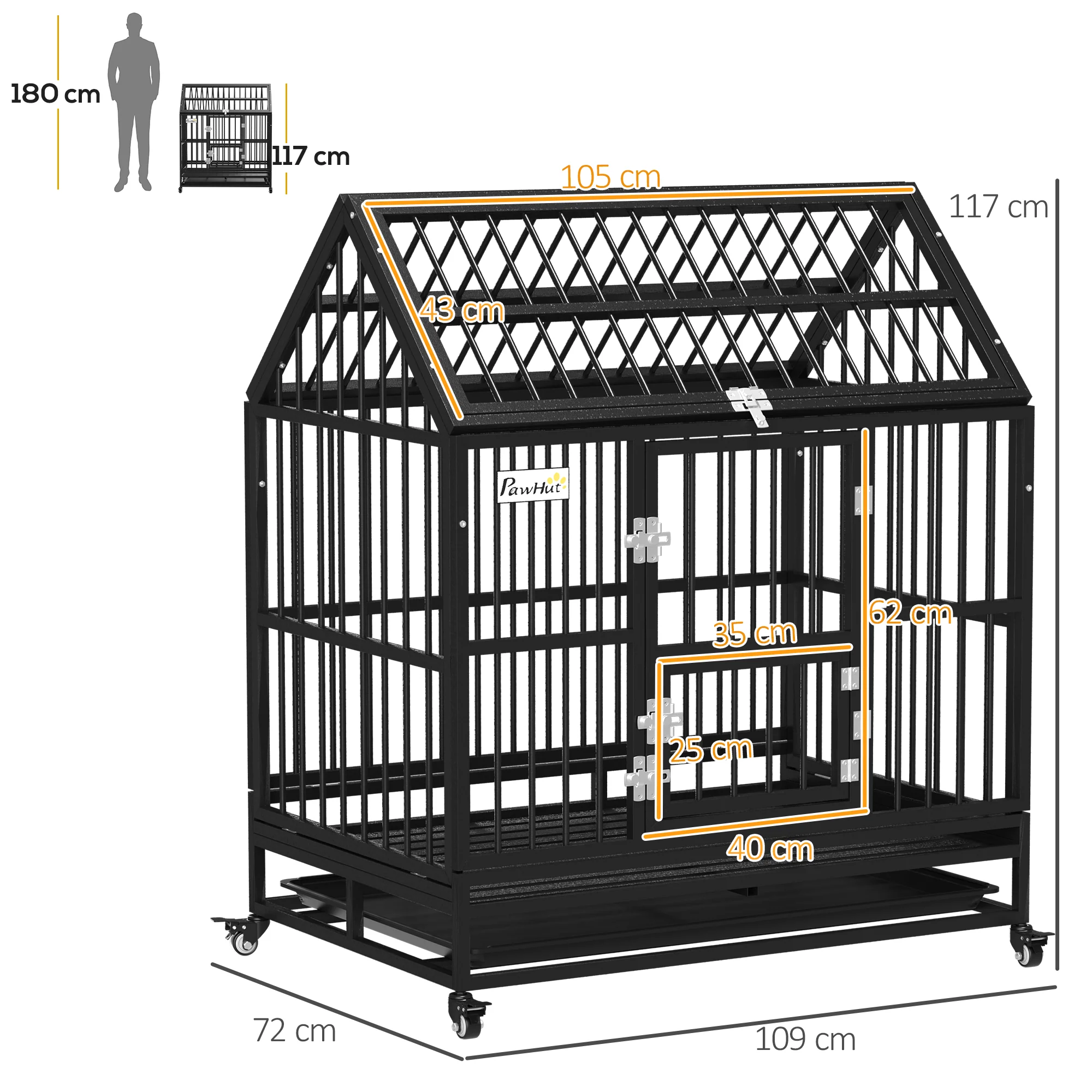 PawHut 43 Inch Heavy Duty Dog Crate On Wheels W/ Removable Tray, Openable Top - Image 5