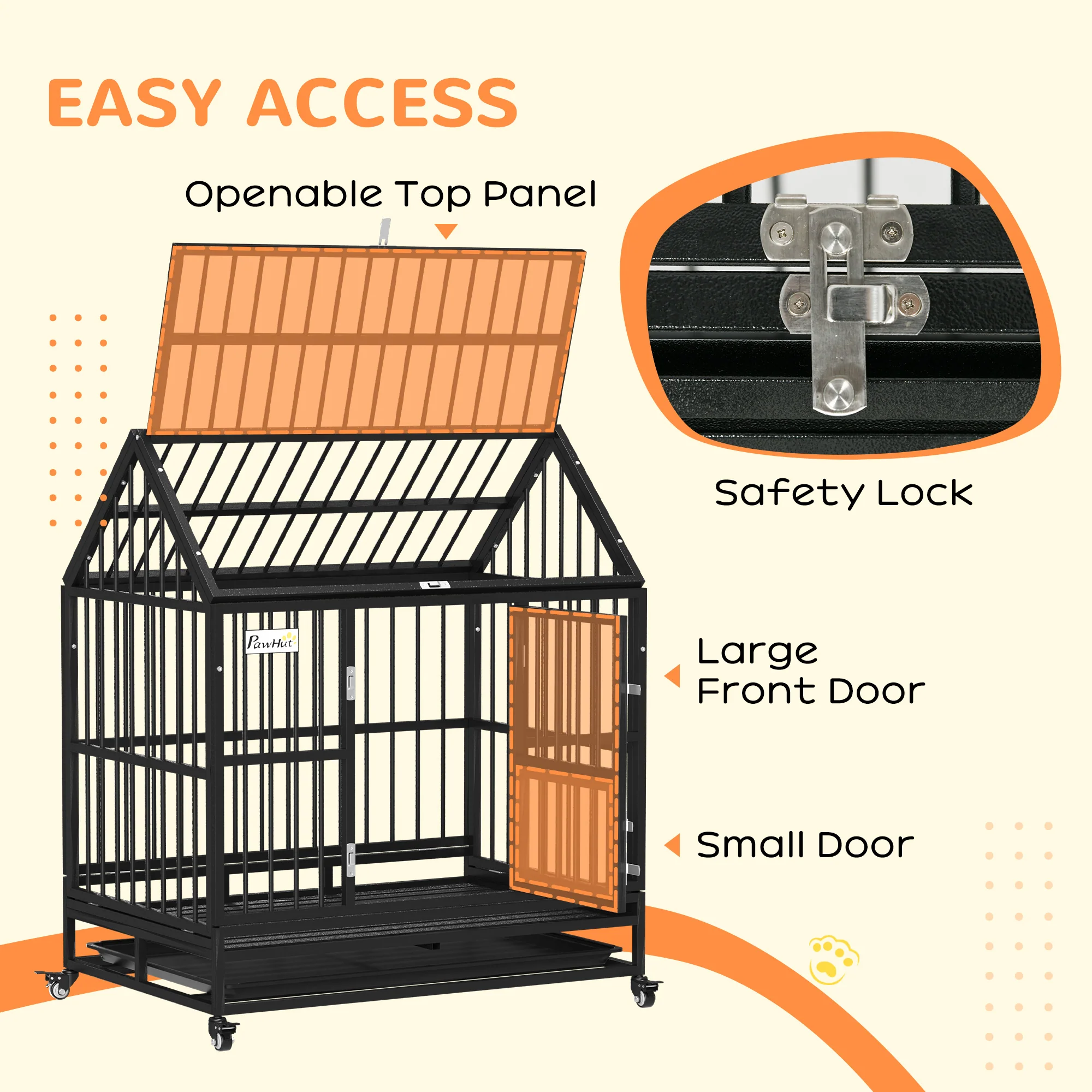 PawHut 43 Inch Heavy Duty Dog Crate On Wheels W/ Removable Tray, Openable Top - Image 6