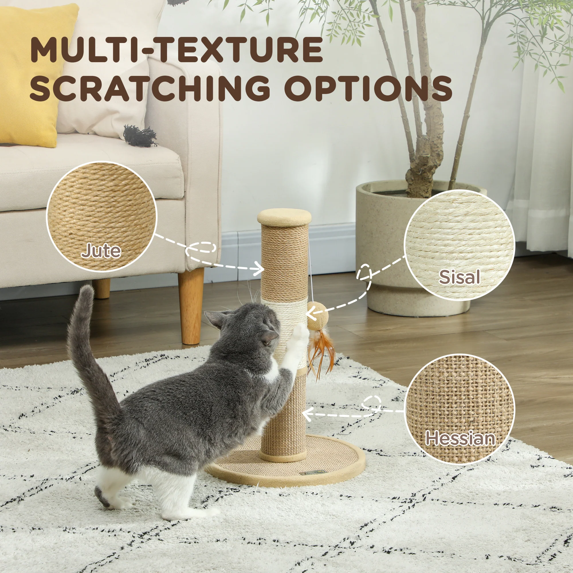 PawHut 47cm Tall Cat Scratching Post for Indoor Cats, with Sisal Rope, Brown - Image 3