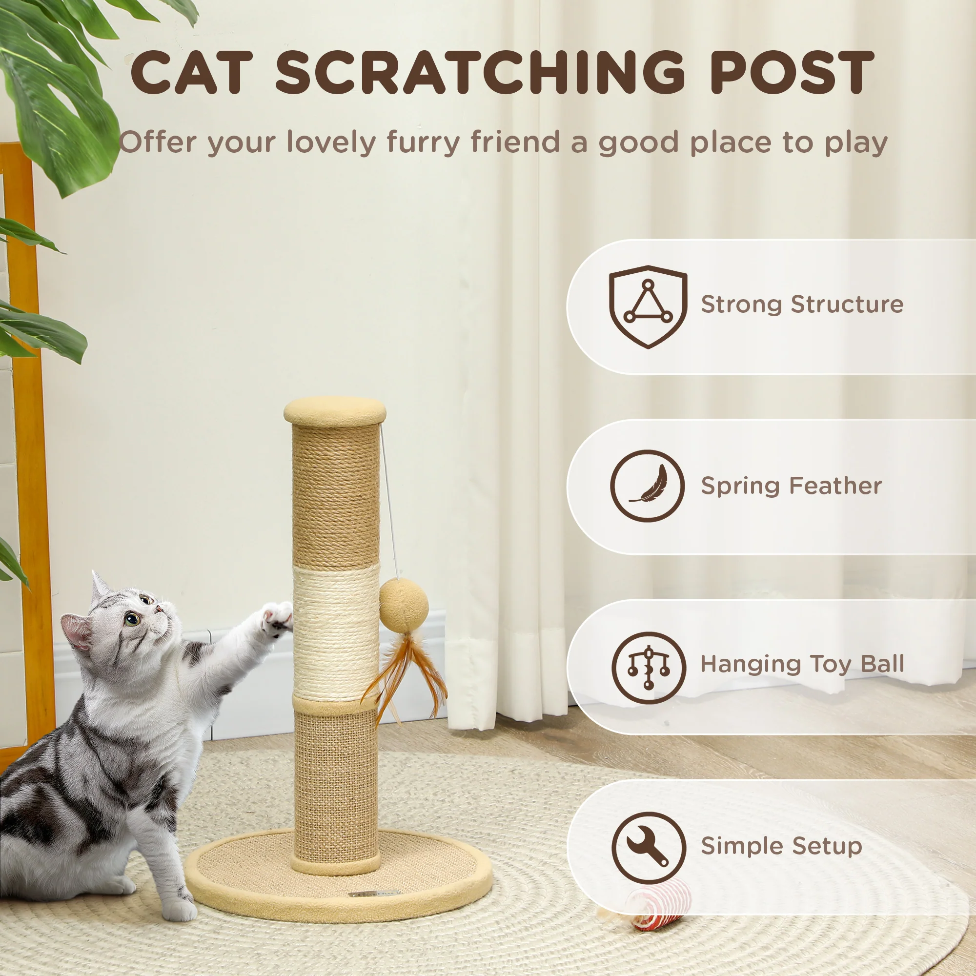 PawHut 47cm Tall Cat Scratching Post for Indoor Cats, with Sisal Rope, Brown - Image 4