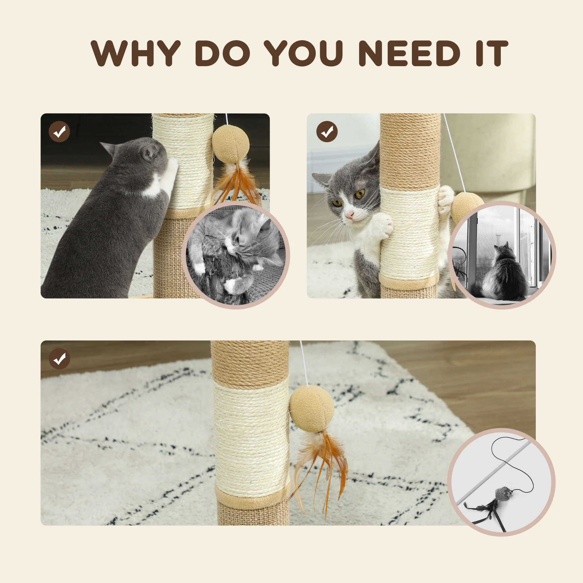 PawHut 47cm Tall Cat Scratching Post for Indoor Cats, with Sisal Rope, Brown - Image 6