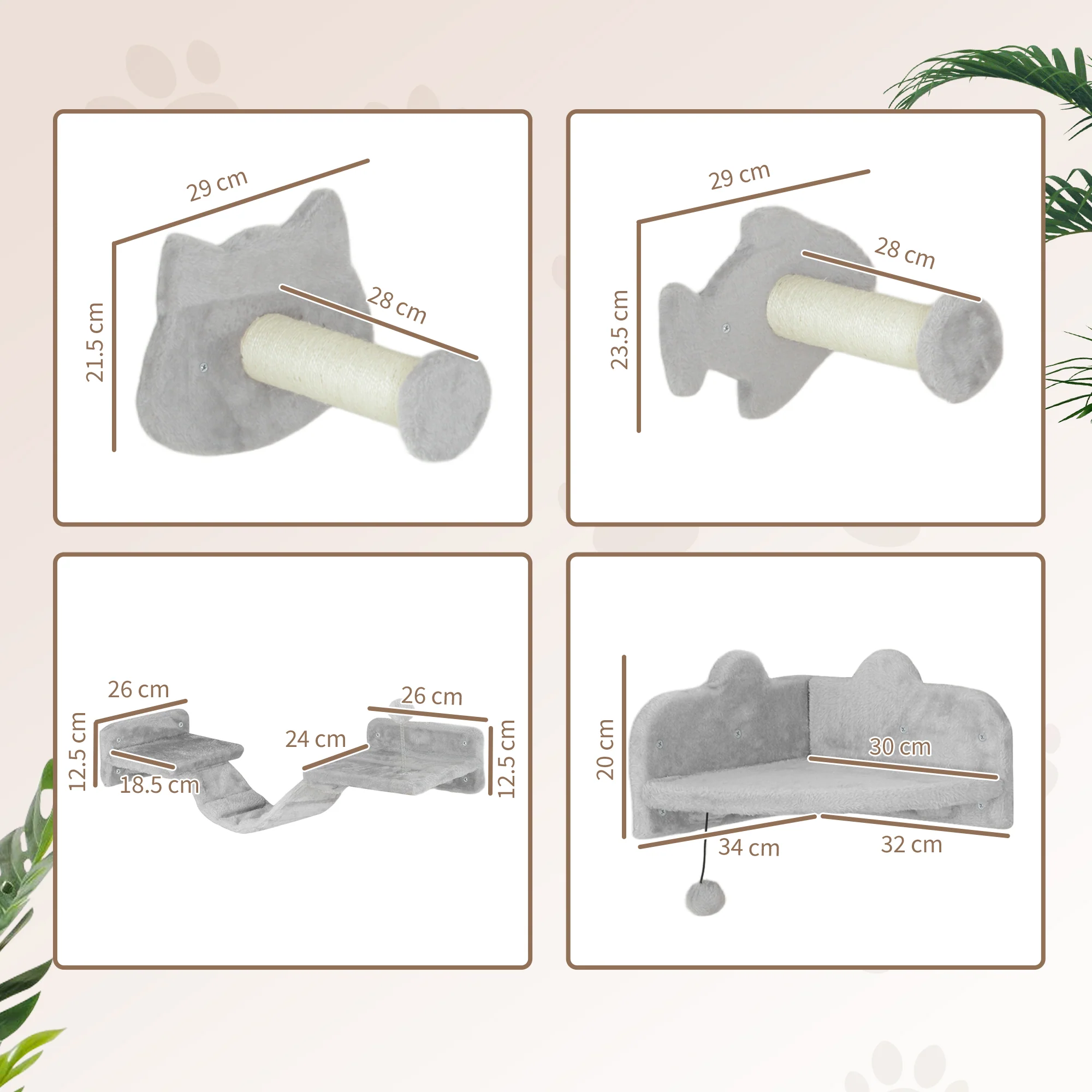 PawHut 4PCs Cat Wall Shelves With Steps, Ladder, Jumping Platforms - Image 5