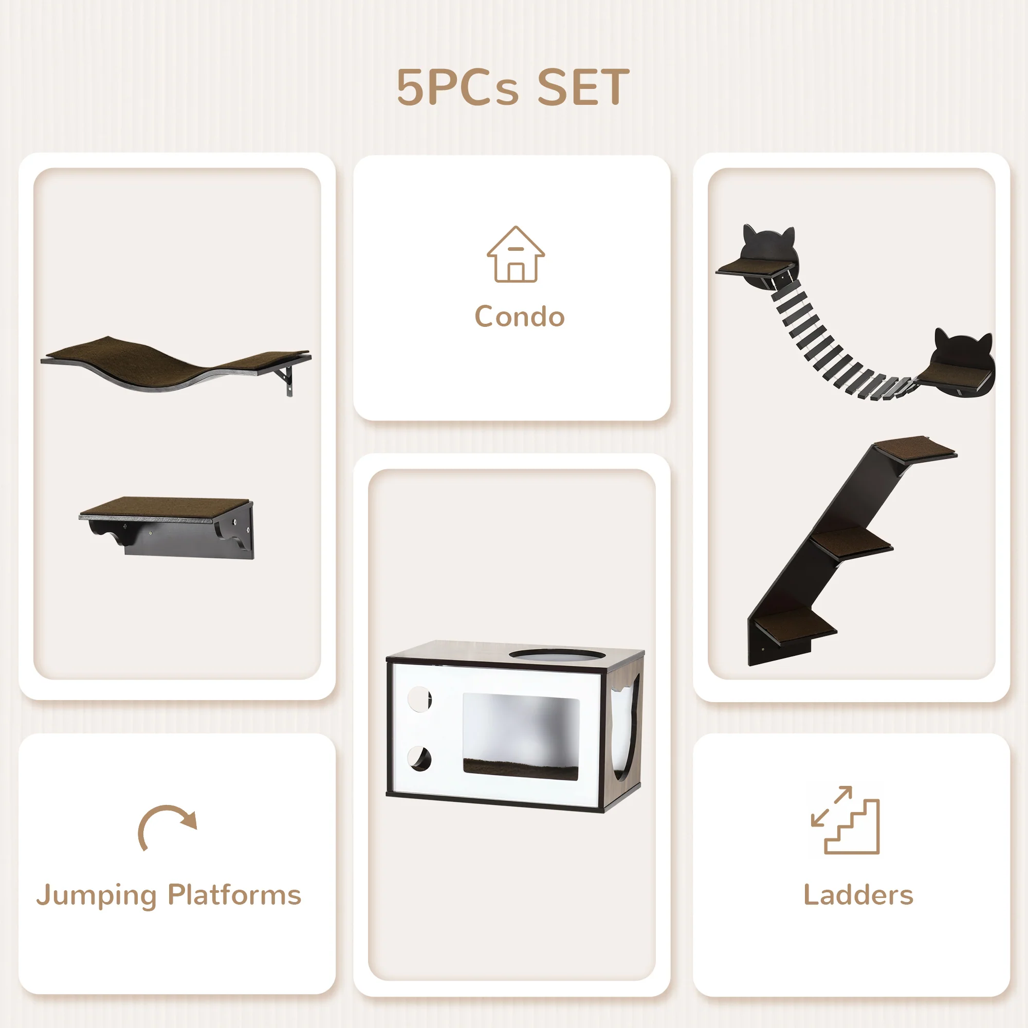 PawHut 5 Piece Cat Wall Shelves, Wall-Mounted Cat Tree for Indoor Use - Brown - Image 3