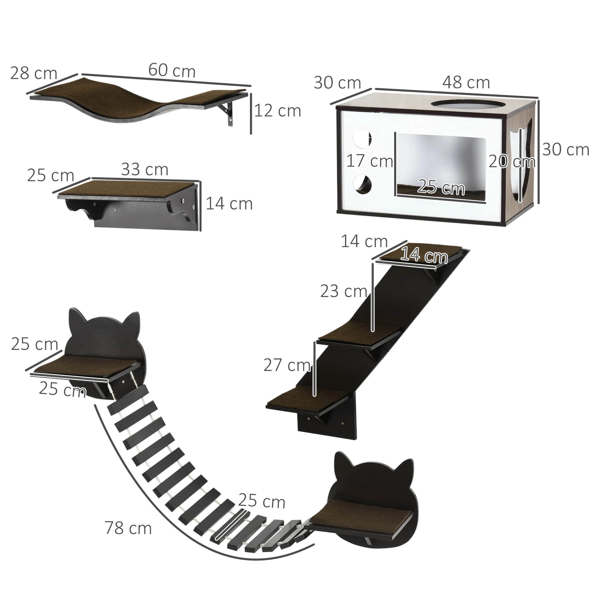 PawHut 5 Piece Cat Wall Shelves, Wall-Mounted Cat Tree for Indoor Use - Brown - Image 4