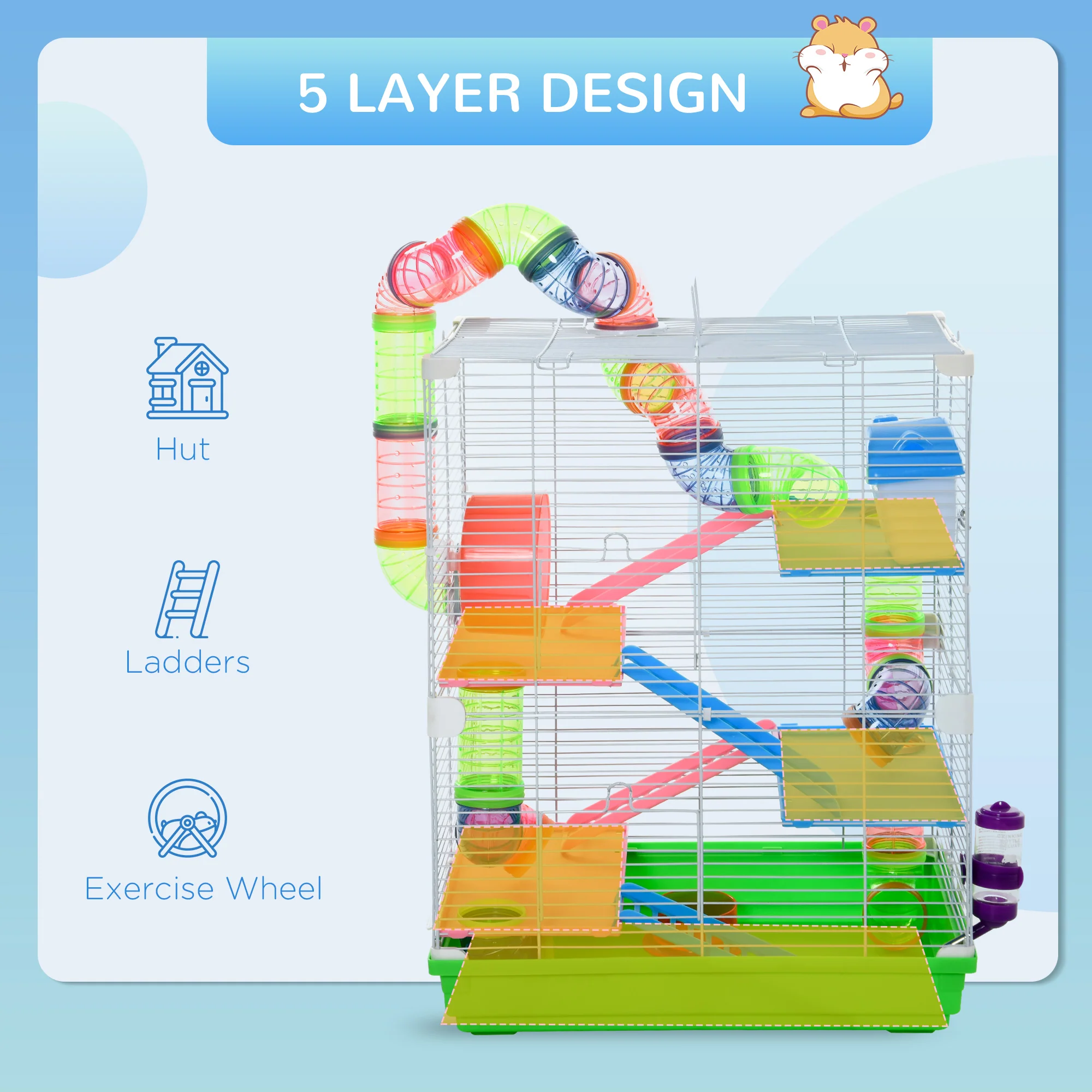 Pawhut 5 Tier Hamster Cage Carrier Habitat Small Animal House With Exercise Wheels Tunnel Tube Water Bottle Dishes House Ladder For Dwarf Mice, Green - Image 13