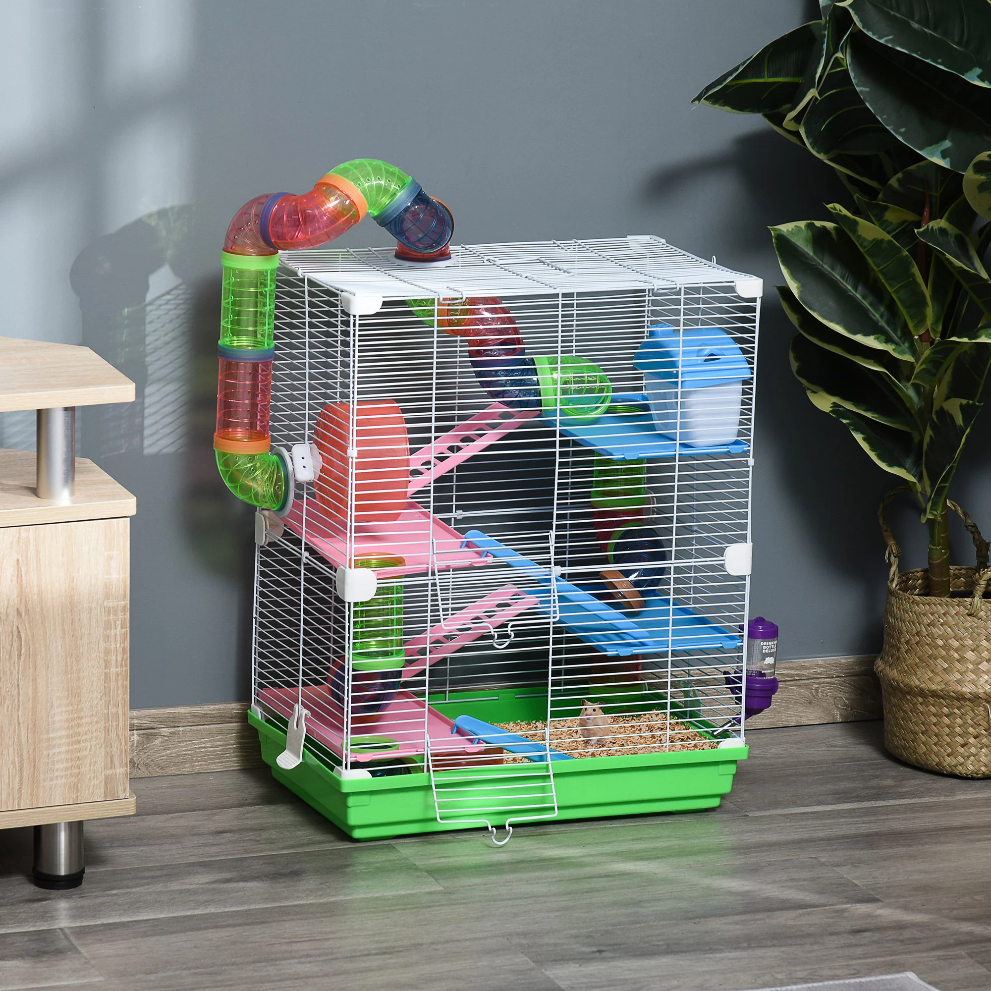 Pawhut 5 Tier Hamster Cage Carrier Habitat Small Animal House With Exercise Wheels Tunnel Tube Water Bottle Dishes House Ladder For Dwarf Mice, Green - Image 2