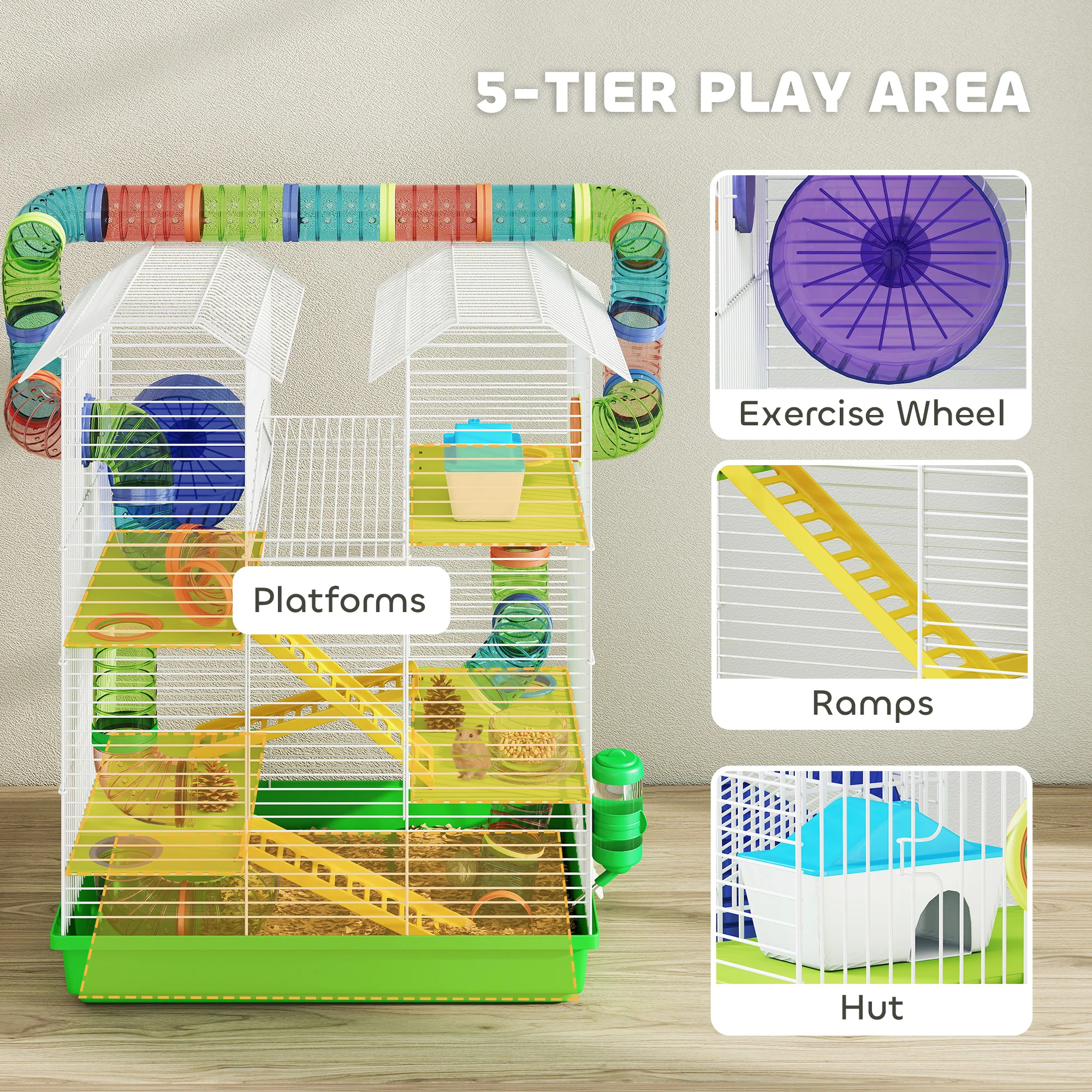 PawHut 5 Tiers Hamster Cage Animal Travel Carrier Habitat, Green - Image 3