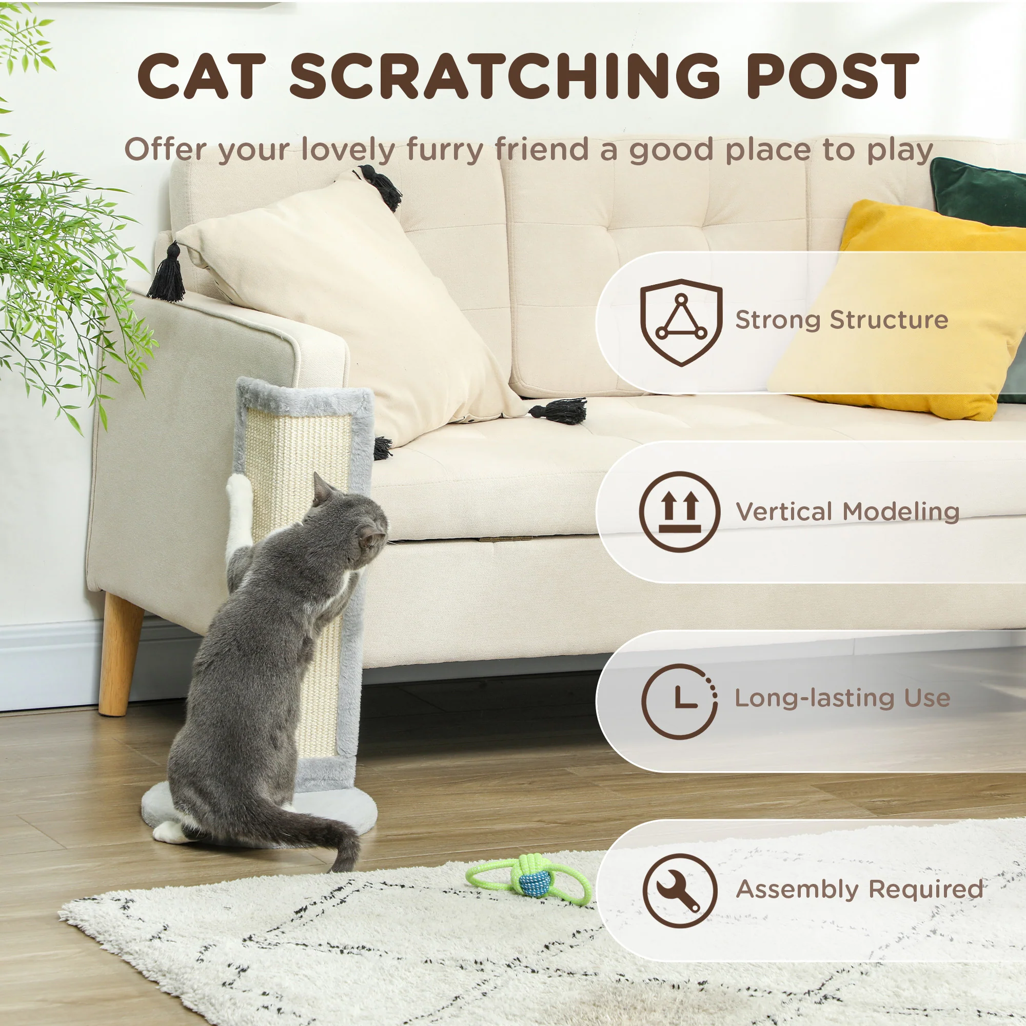 PawHut 56cm Corner Cat Scratching Post with Sisal Scratching Pad, Grey - Image 4