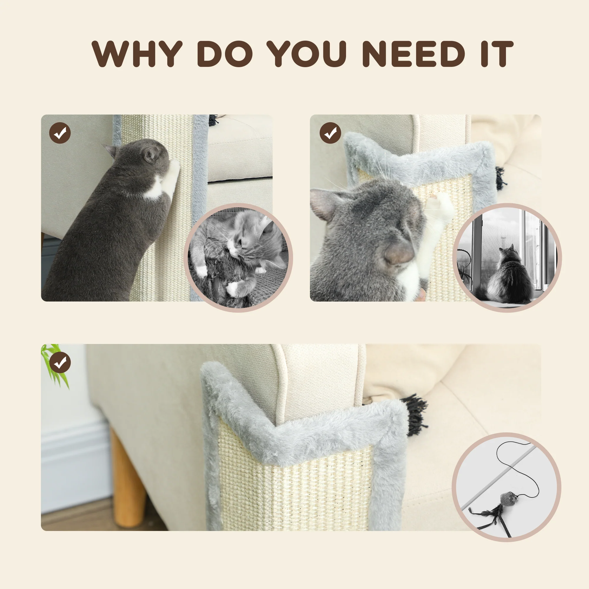 PawHut 56cm Corner Cat Scratching Post with Sisal Scratching Pad, Grey - Image 6