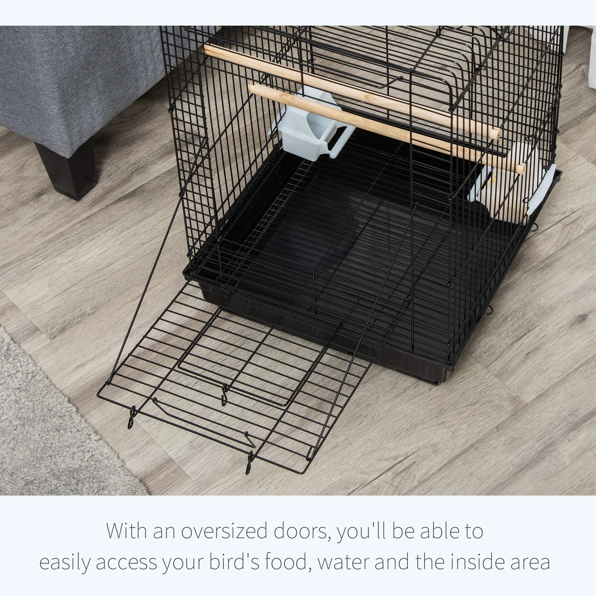 PawHut 59cm Bird Cage With Openable Top, Stand, Tray, Handles, Feeding Bowls - Image 6