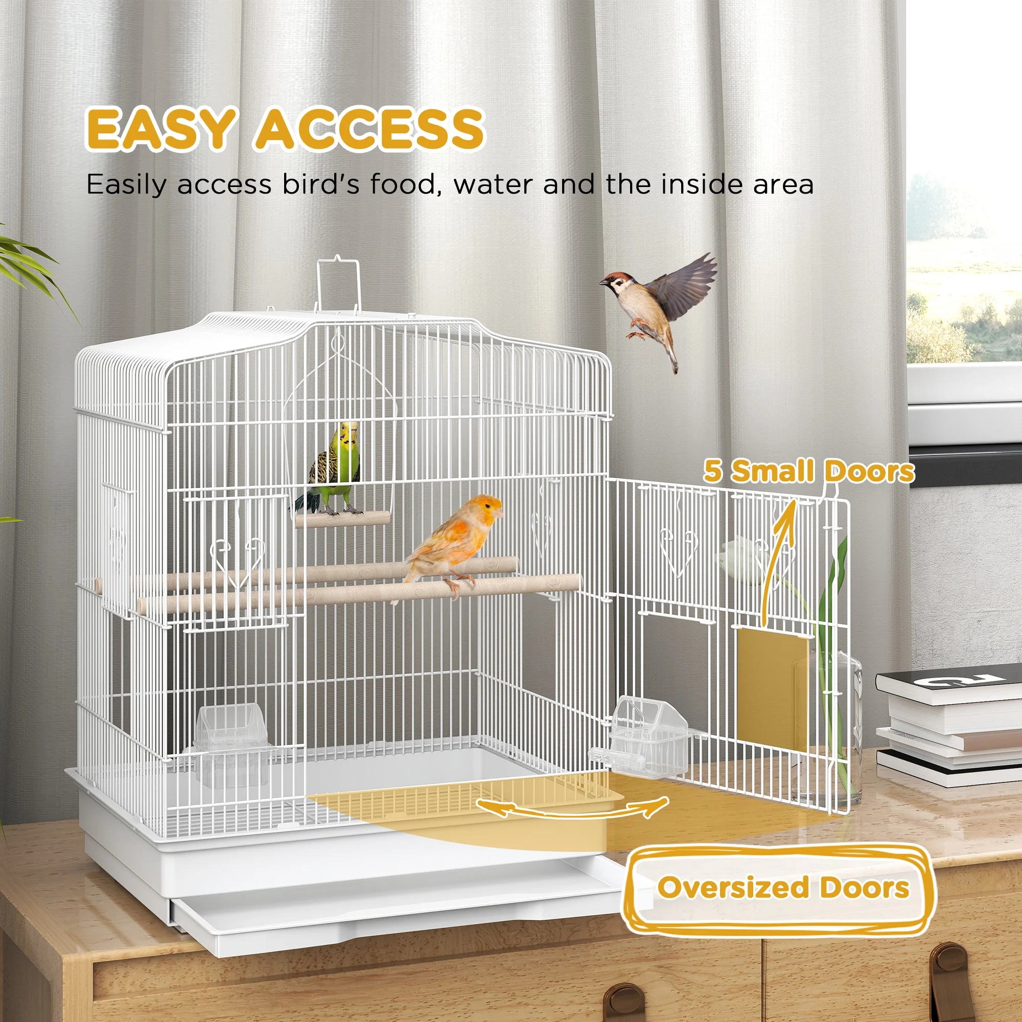 PawHut 59cm Large Bird Cage With Perches, Food Bowls, Swing, White - Image 3