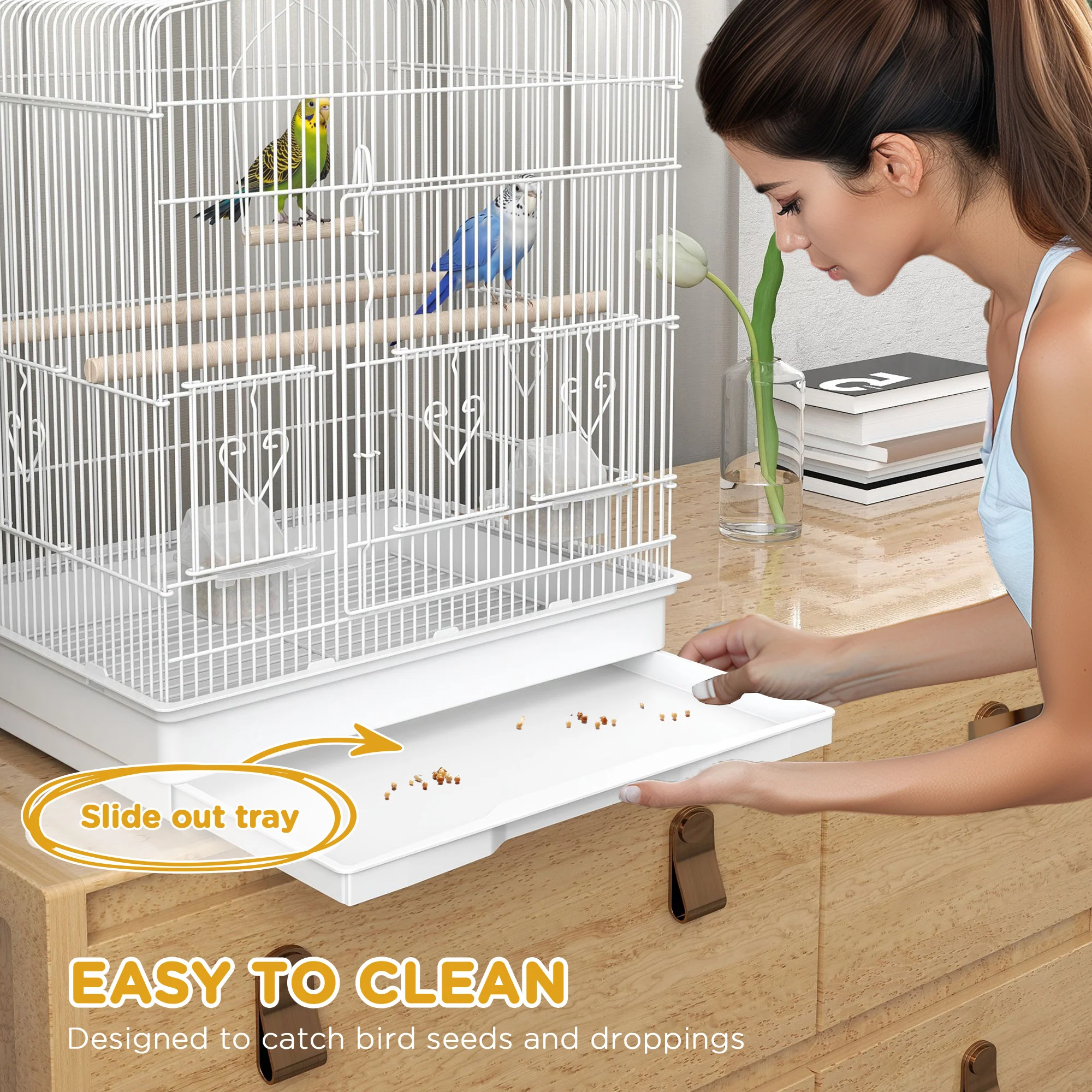 PawHut 59cm Large Bird Cage With Perches, Food Bowls, Swing, White - Image 4