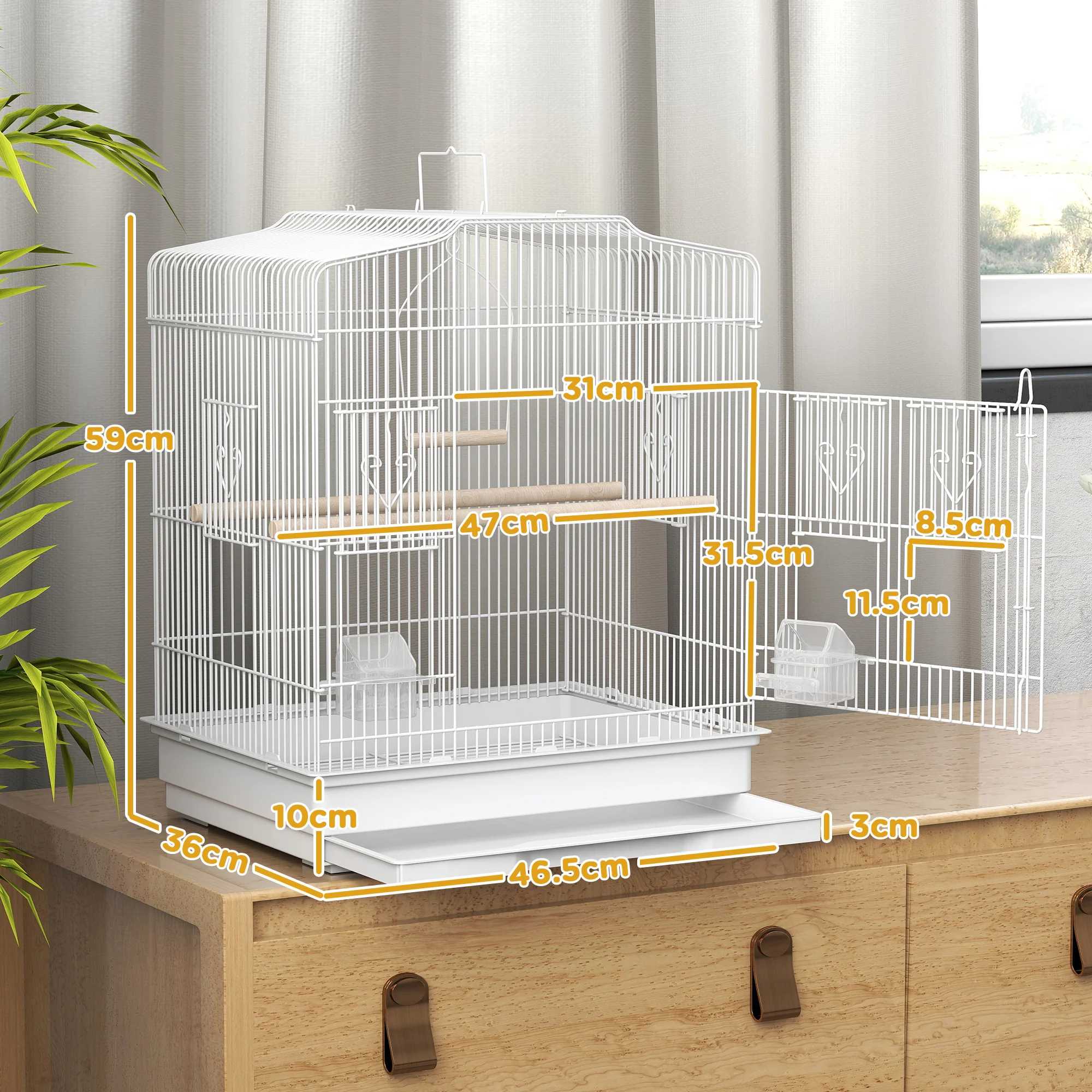 PawHut 59cm Large Bird Cage With Perches, Food Bowls, Swing, White - Image 5