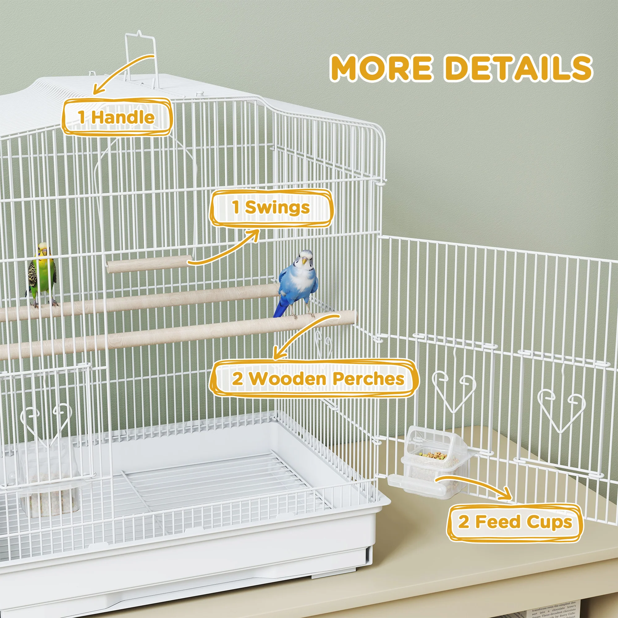 PawHut 59cm Large Bird Cage With Perches, Food Bowls, Swing, White - Image 6