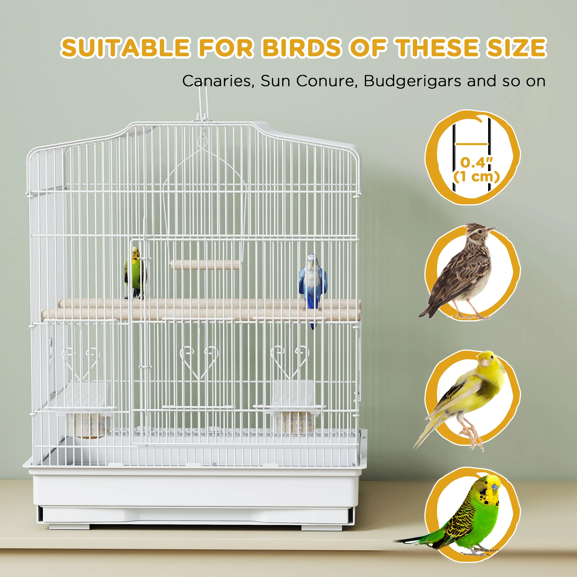 PawHut 59cm Large Bird Cage With Perches, Food Bowls, Swing, White - Image 7