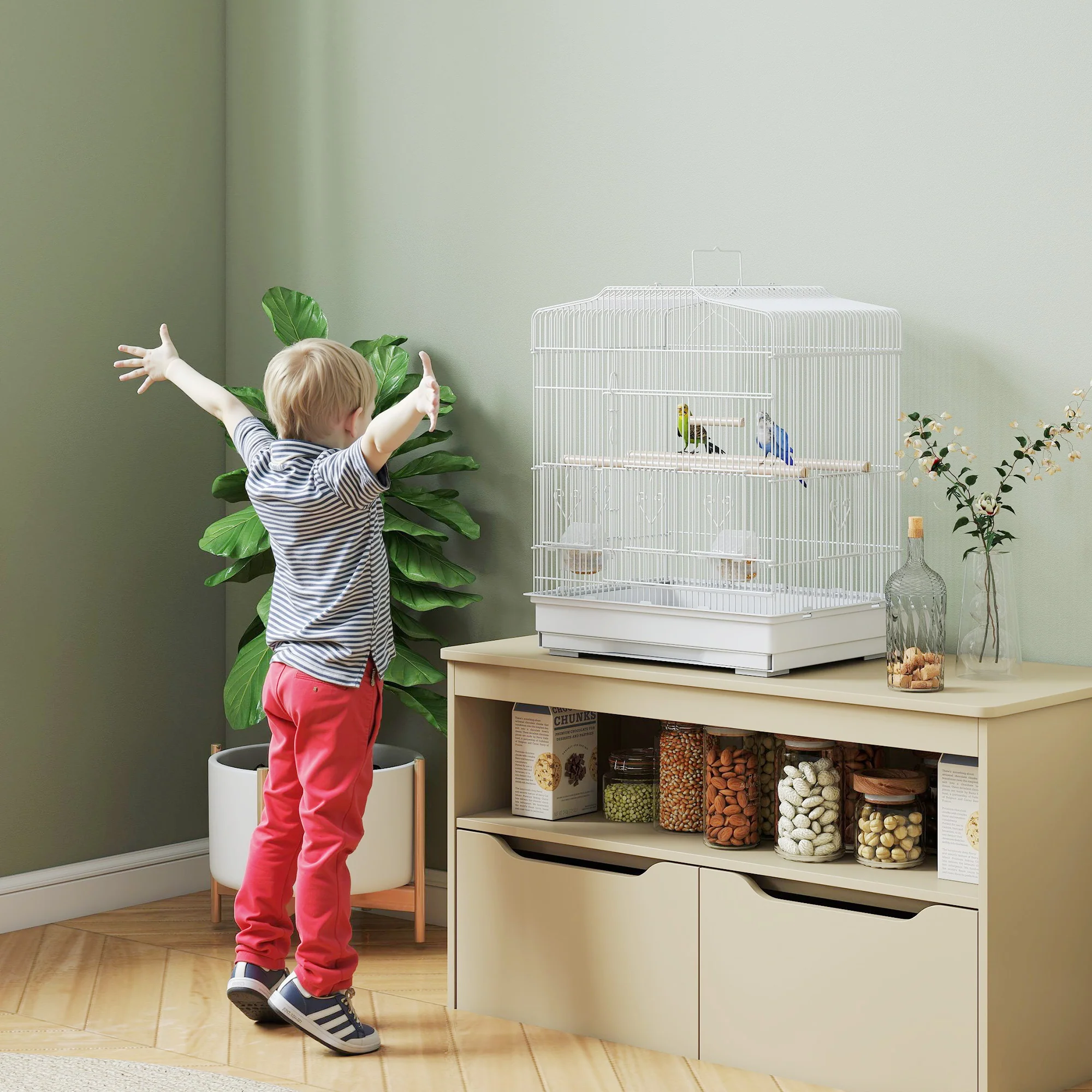 PawHut 59cm Large Bird Cage With Perches, Food Bowls, Swing, White - Image 8