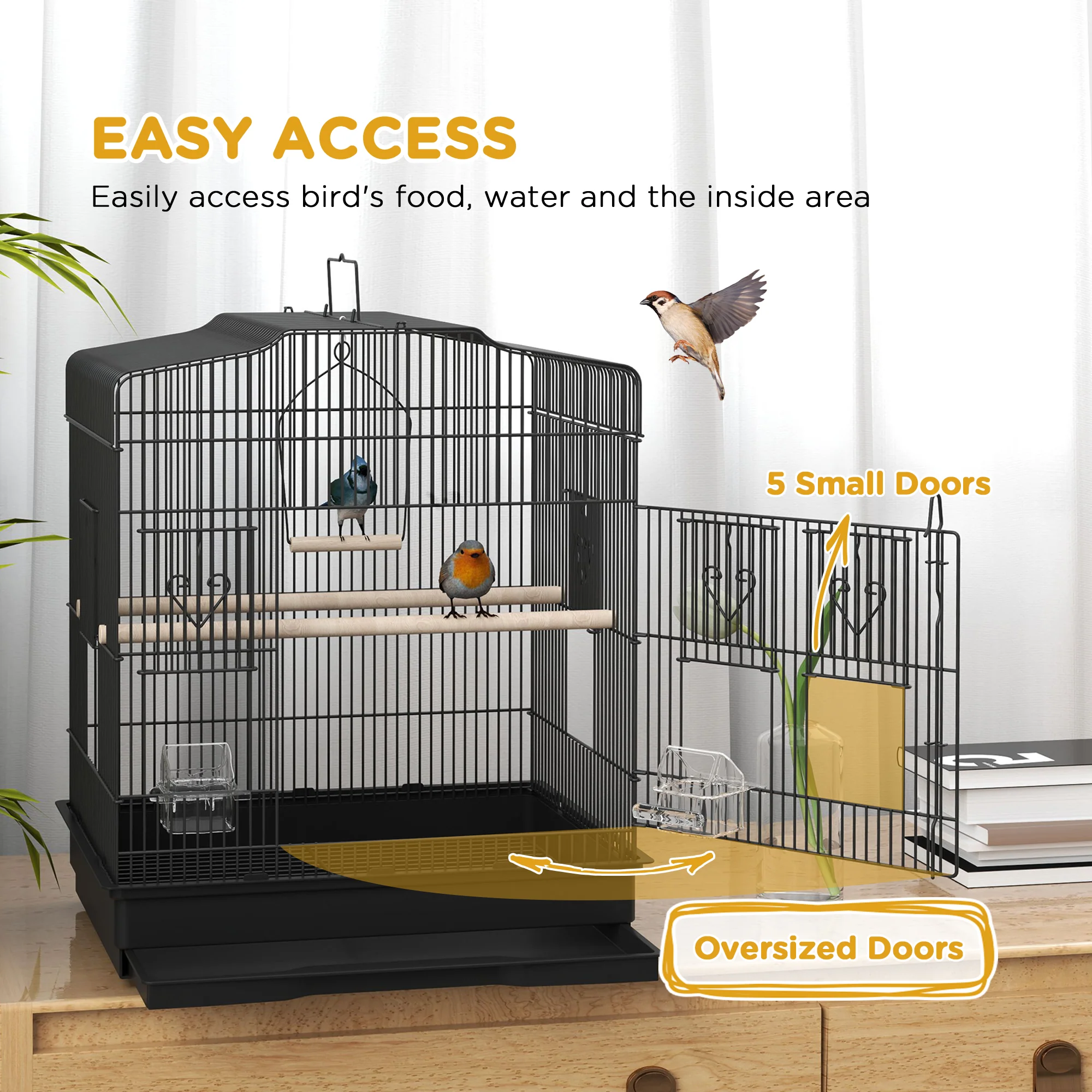 PawHut 59cm Large Bird Cage With Stand, Perches, Food Bowls, Swing, Black - Image 3