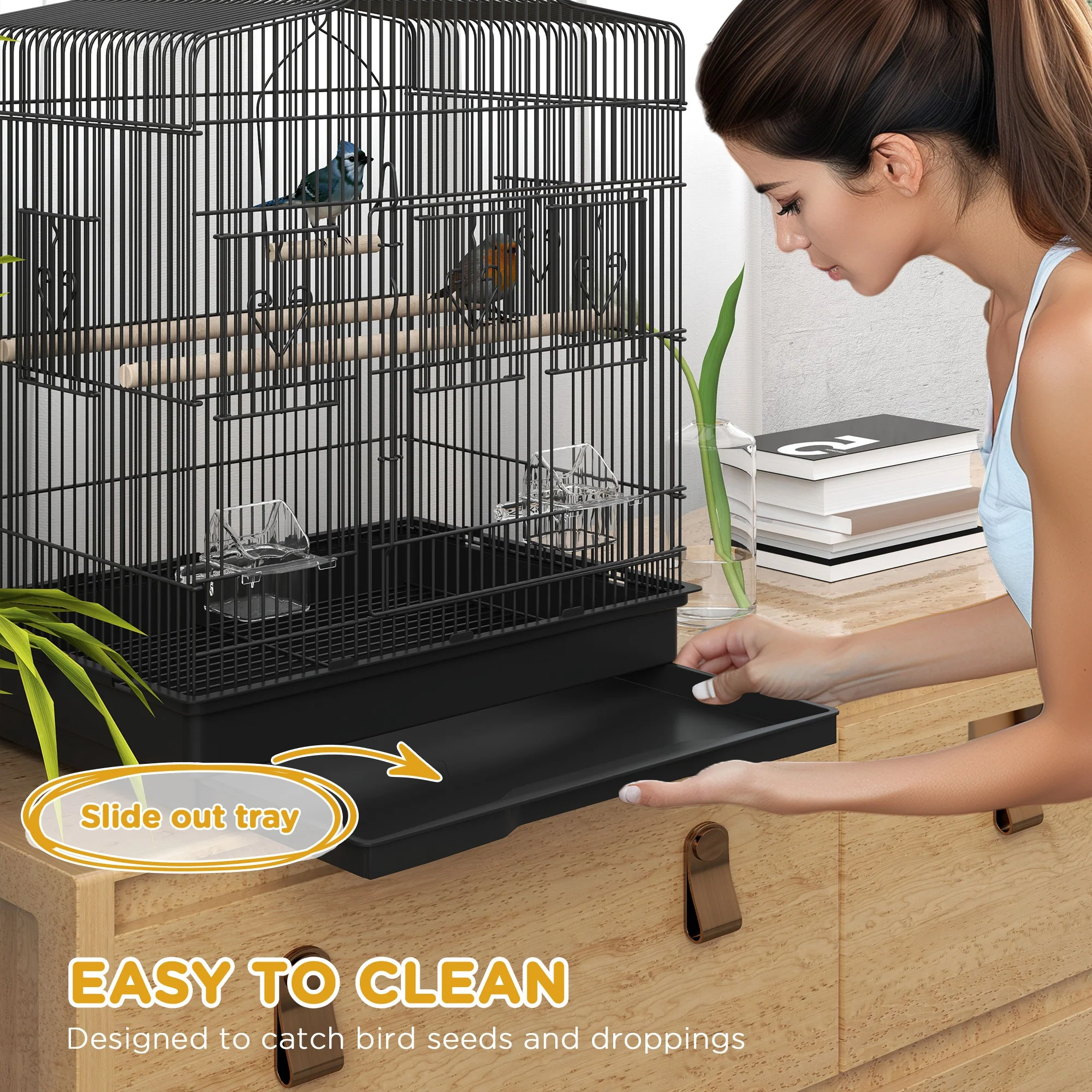PawHut 59cm Large Bird Cage With Stand, Perches, Food Bowls, Swing, Black - Image 4