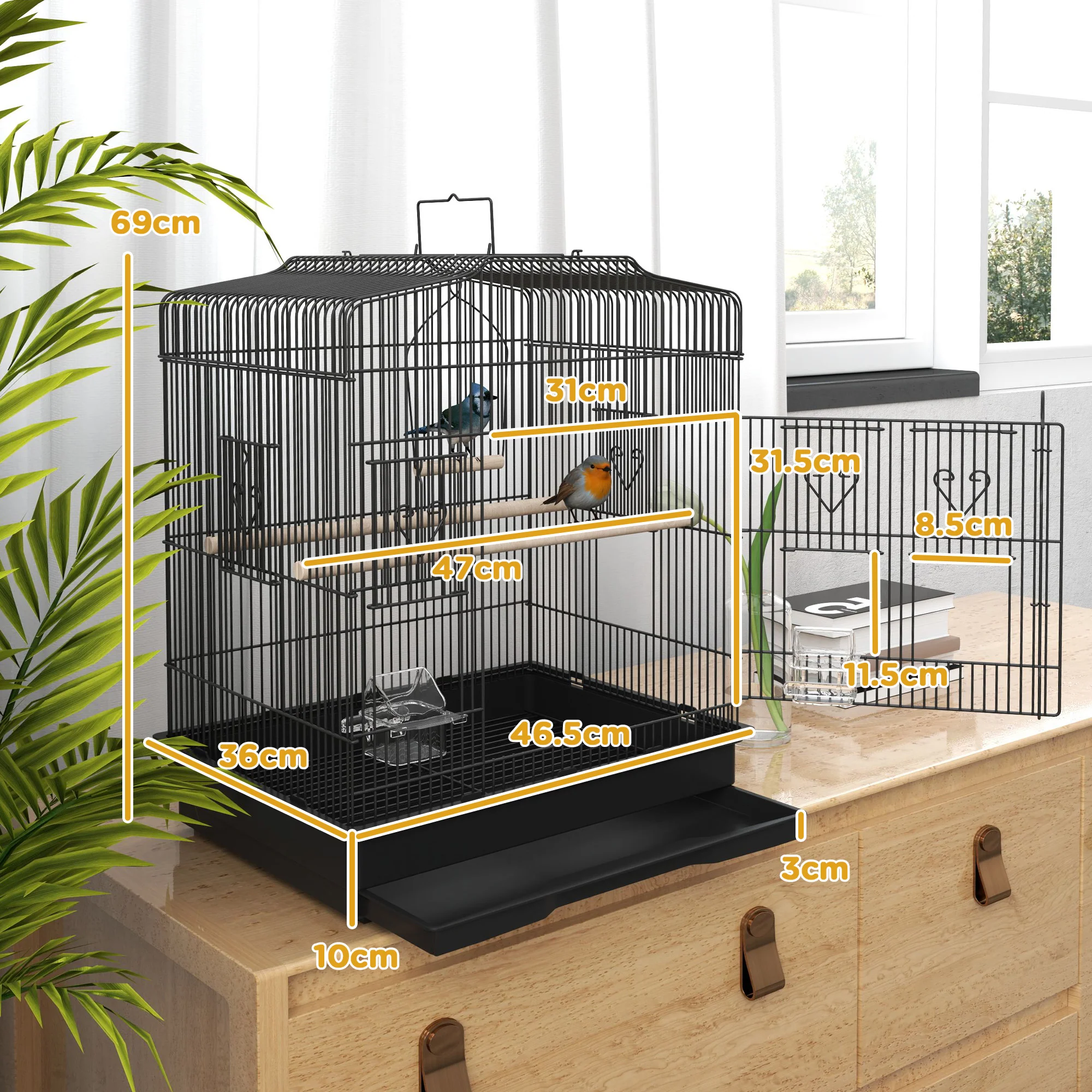 PawHut 59cm Large Bird Cage With Stand, Perches, Food Bowls, Swing, Black - Image 5