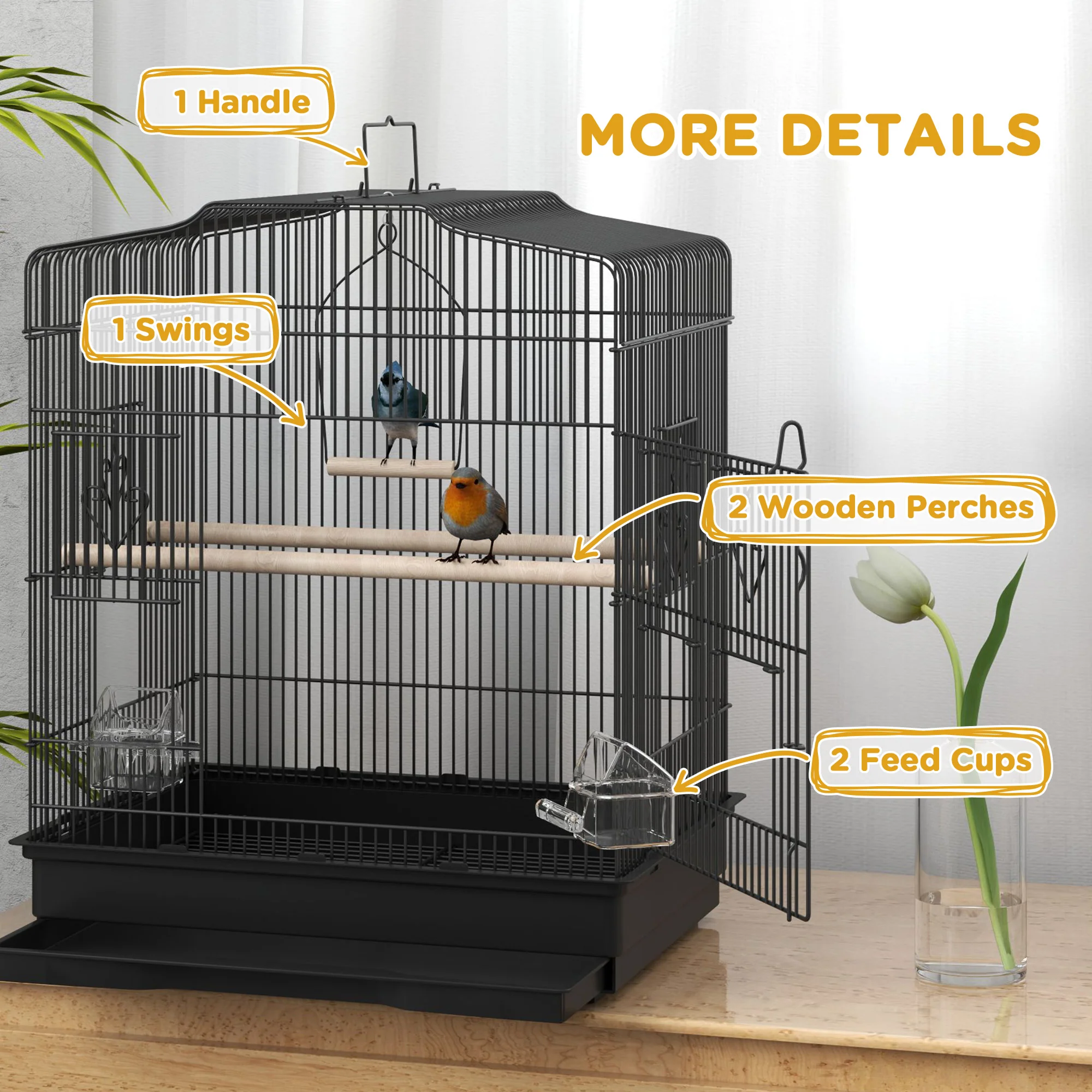 PawHut 59cm Large Bird Cage With Stand, Perches, Food Bowls, Swing, Black - Image 6