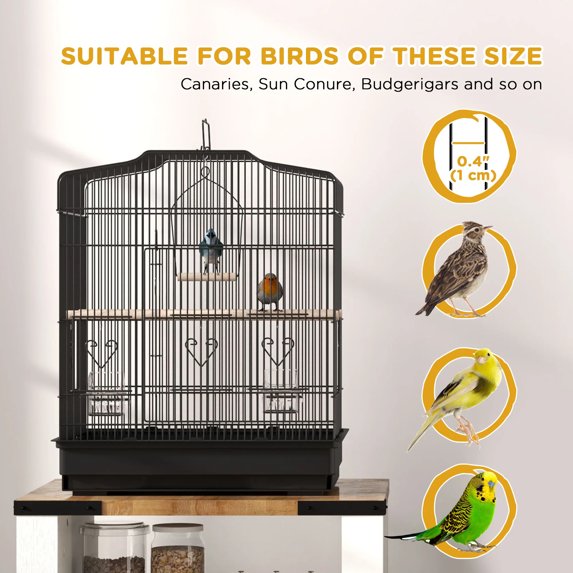 PawHut 59cm Large Bird Cage With Stand, Perches, Food Bowls, Swing, Black - Image 7