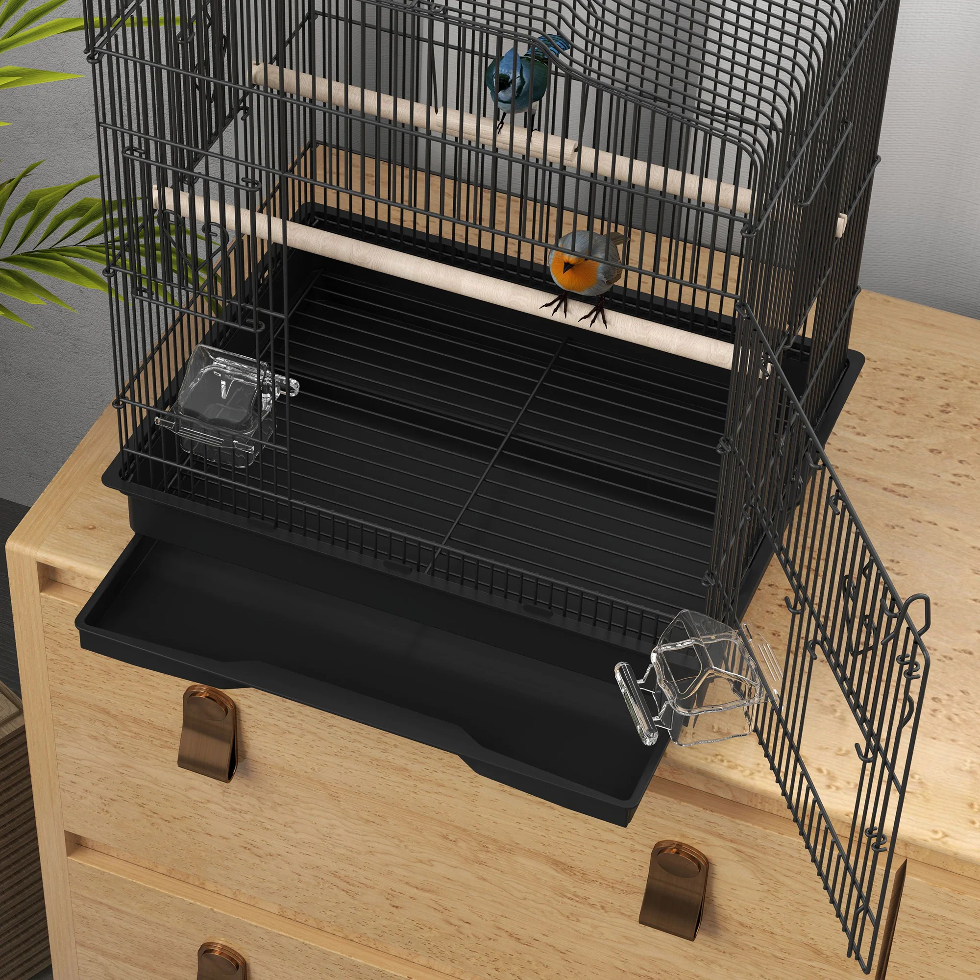 PawHut 59cm Large Bird Cage With Stand, Perches, Food Bowls, Swing, Black - Image 8