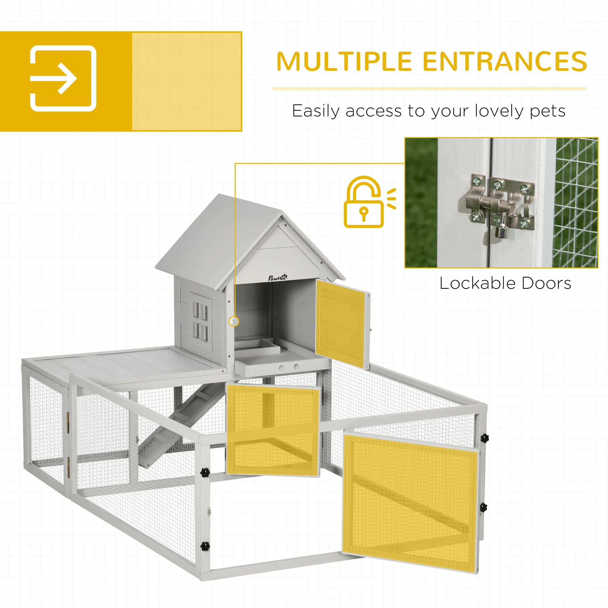 PawHut 5FT Rabbit Hutch with Run Wooden Large Guinea Pig Cage for Indoor, Grey - Image 3
