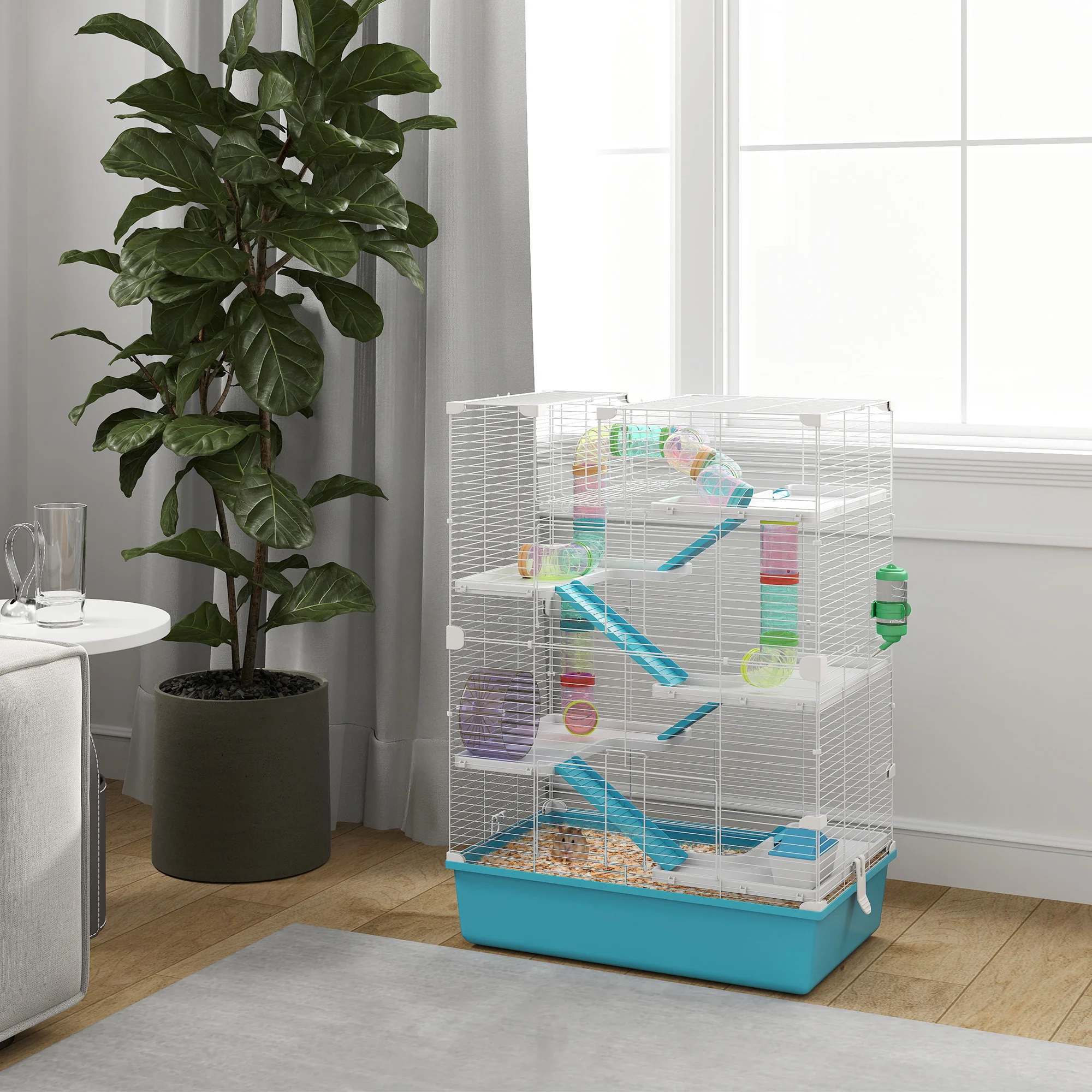 PawHut 6 Tier Hamster Cage With Twin Tower And Accessories, Light Blue - Image 2