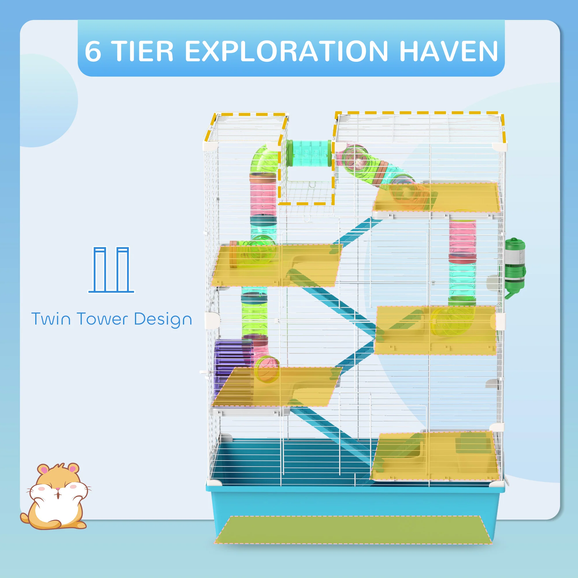 PawHut 6 Tier Hamster Cage With Twin Tower And Accessories, Light Blue - Image 3