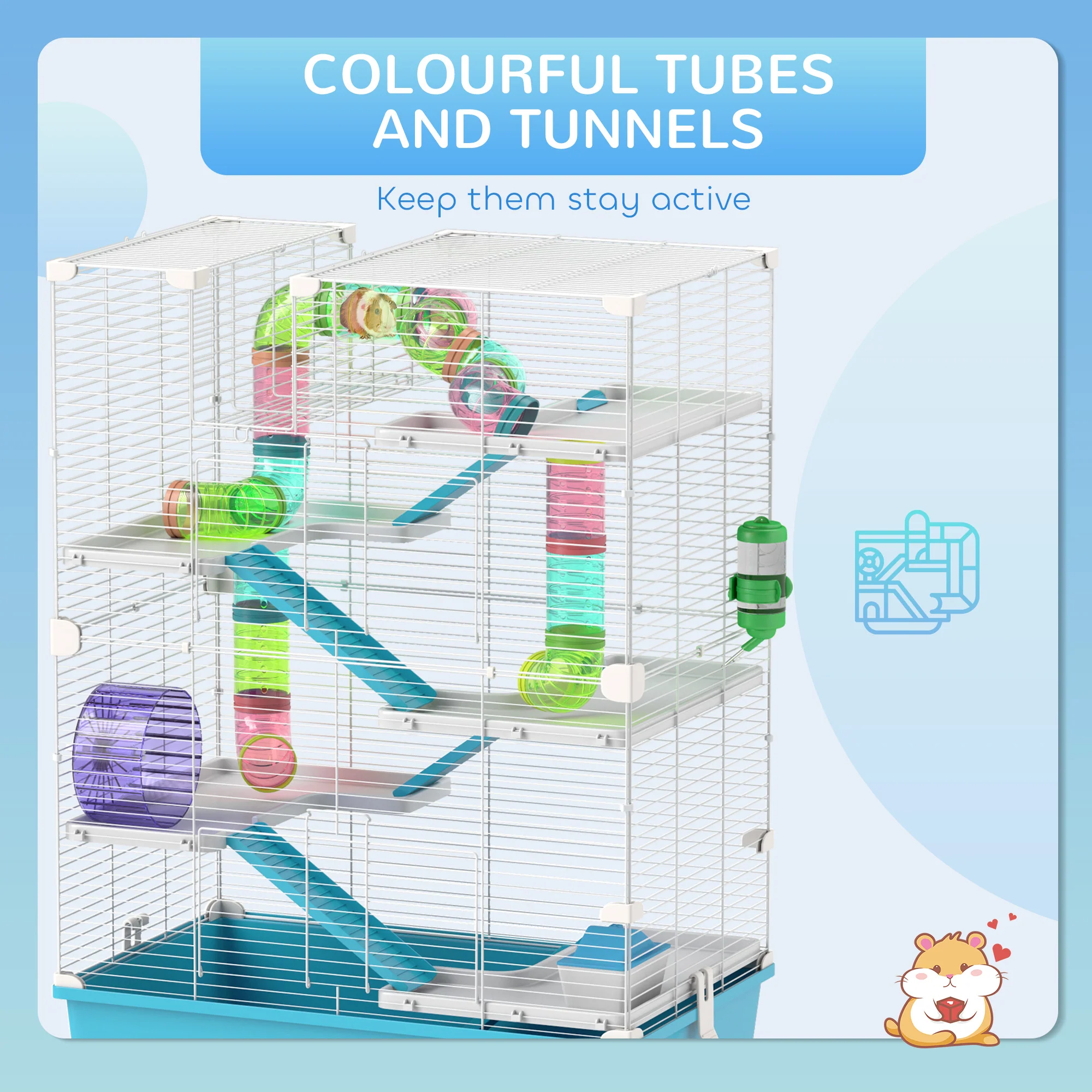 PawHut 6 Tier Hamster Cage With Twin Tower And Accessories, Light Blue - Image 4