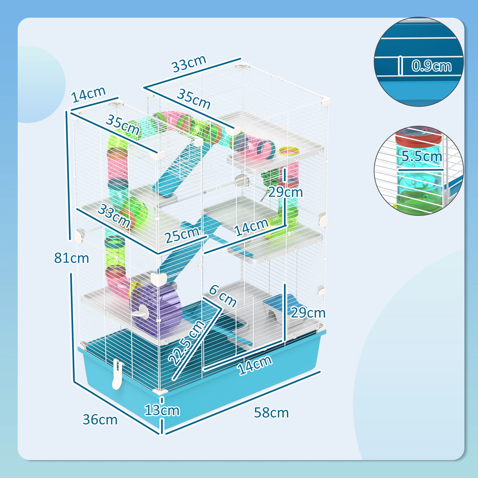 PawHut 6 Tier Hamster Cage With Twin Tower And Accessories, Light Blue - Image 5