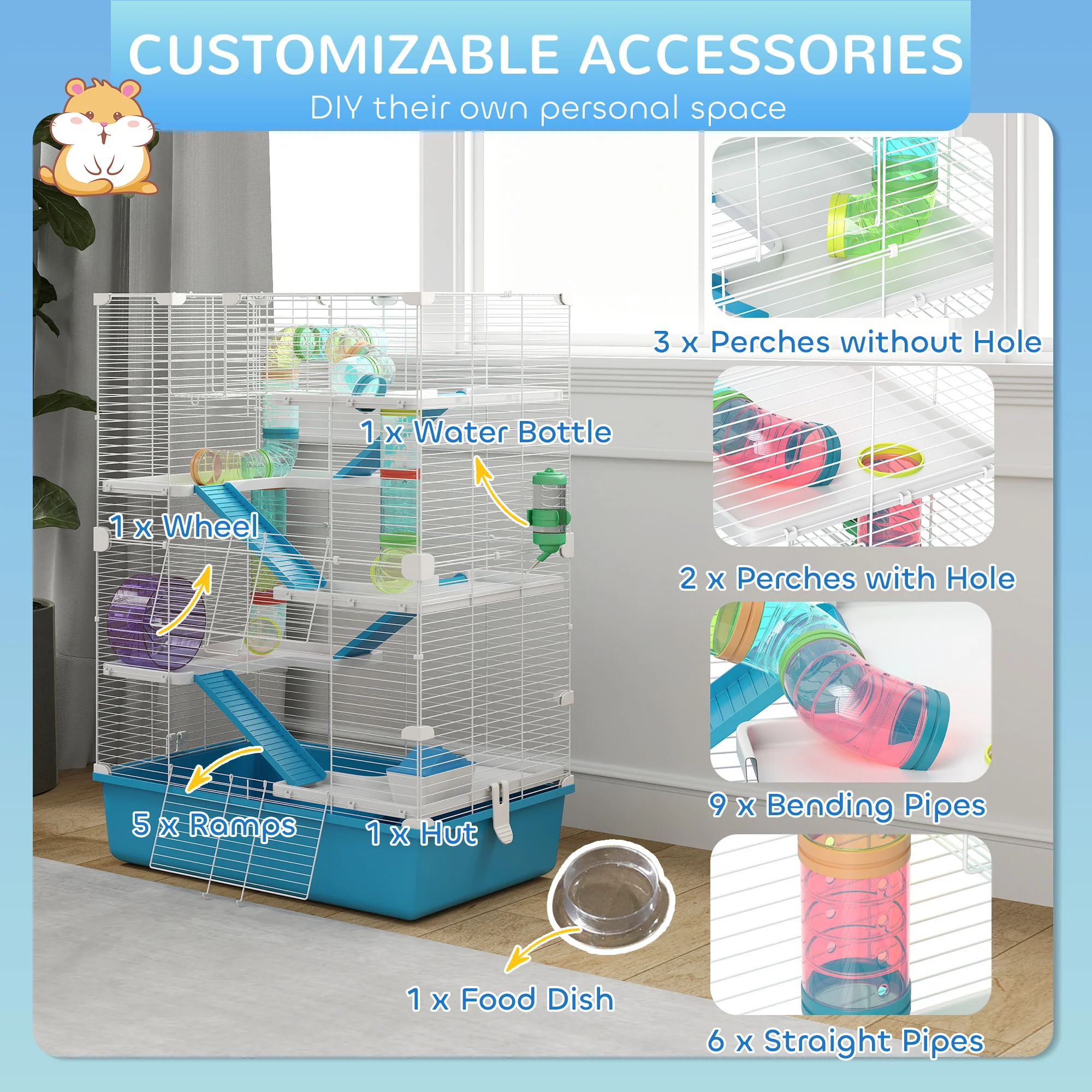 PawHut 6 Tier Hamster Cage With Twin Tower And Accessories, Light Blue - Image 6