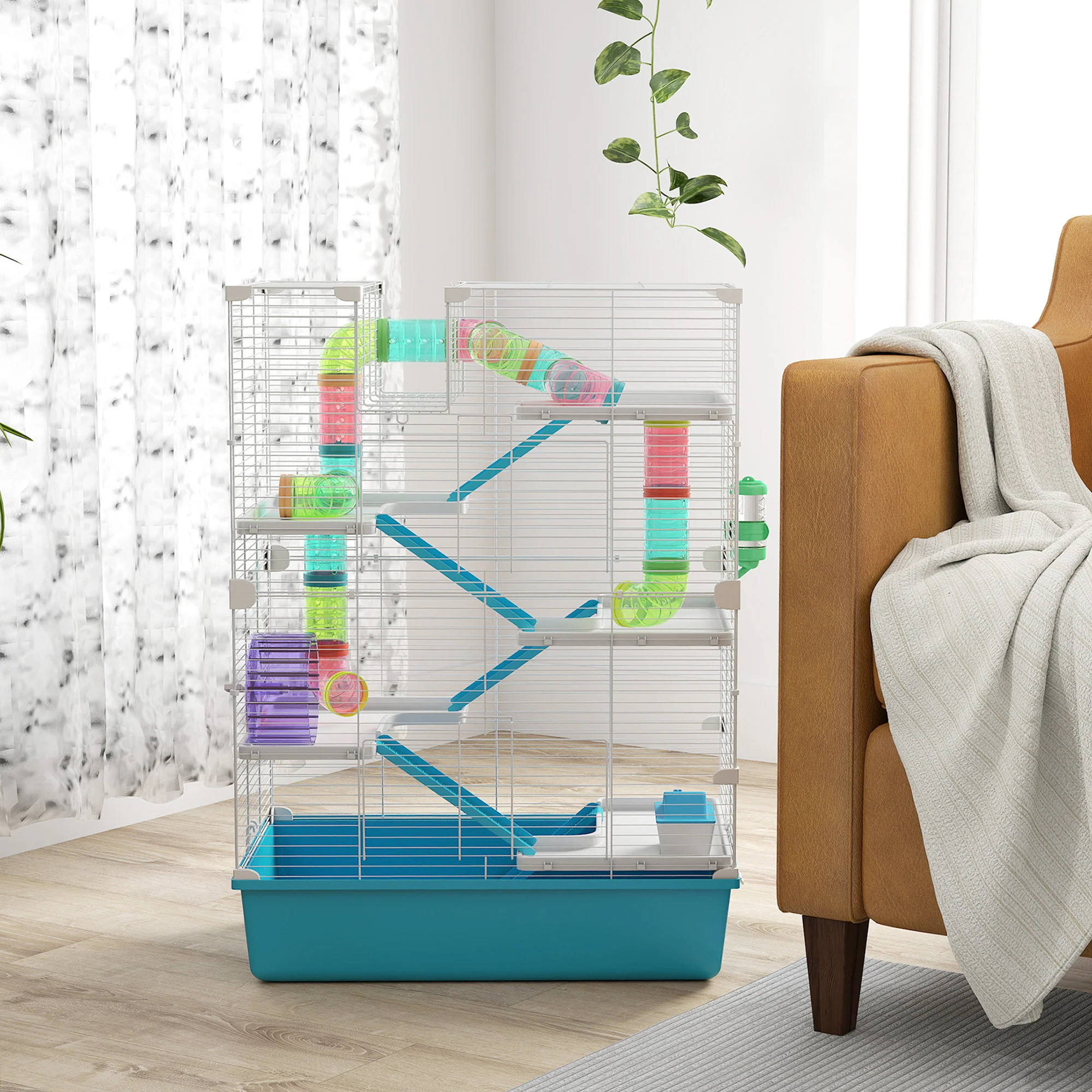 PawHut 6 Tier Hamster Cage With Twin Tower And Accessories, Light Blue - Image 8