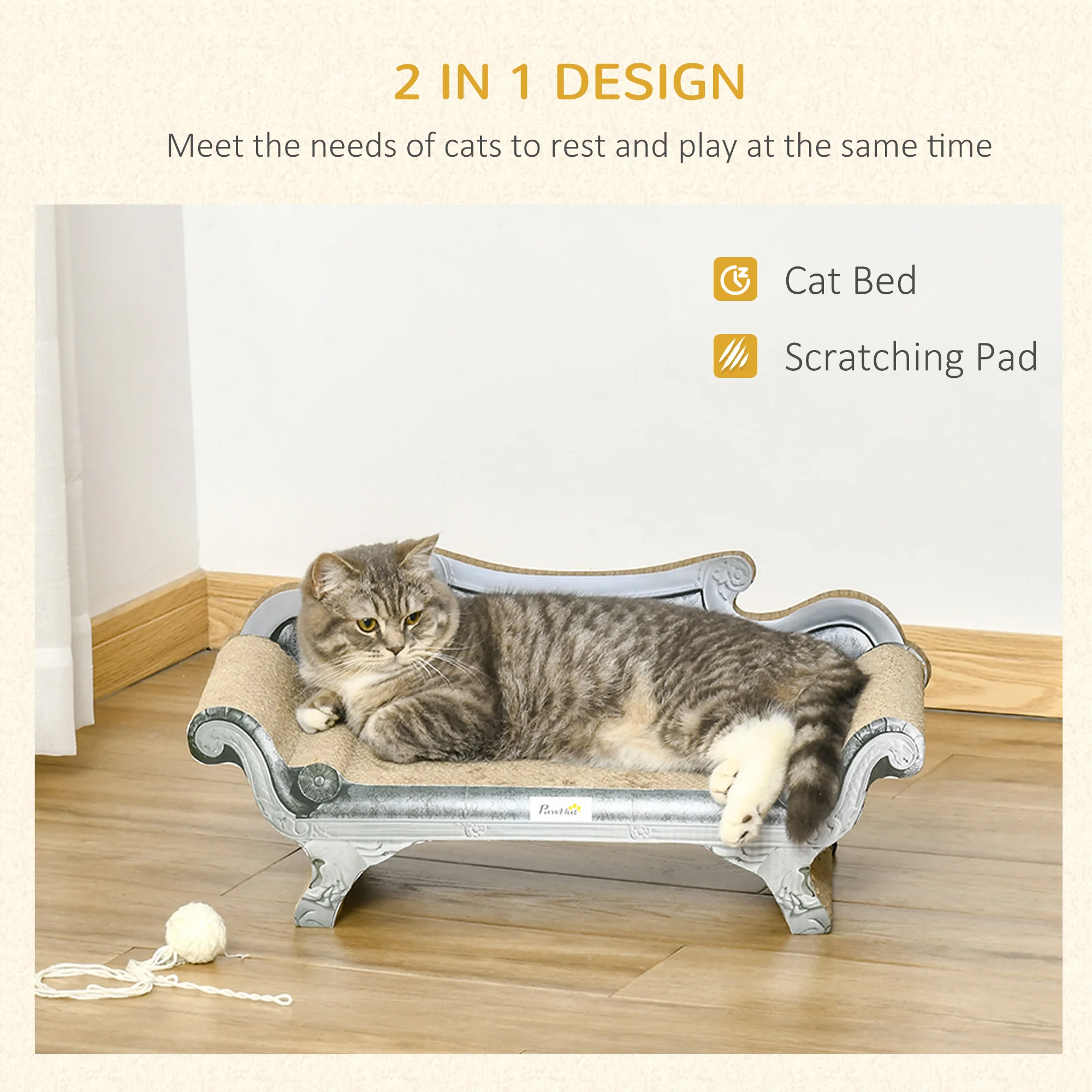 PawHut 60cm Cat Scratching Board with Catnip, Cardboard Scratcher Lounger Bed - Image 2