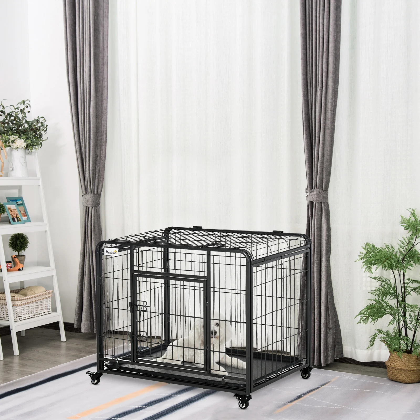 PawHut 69.5x94cm Metal Dog Cage Kennel w/ Locking Door & Wheels Medium Pets - Image 2