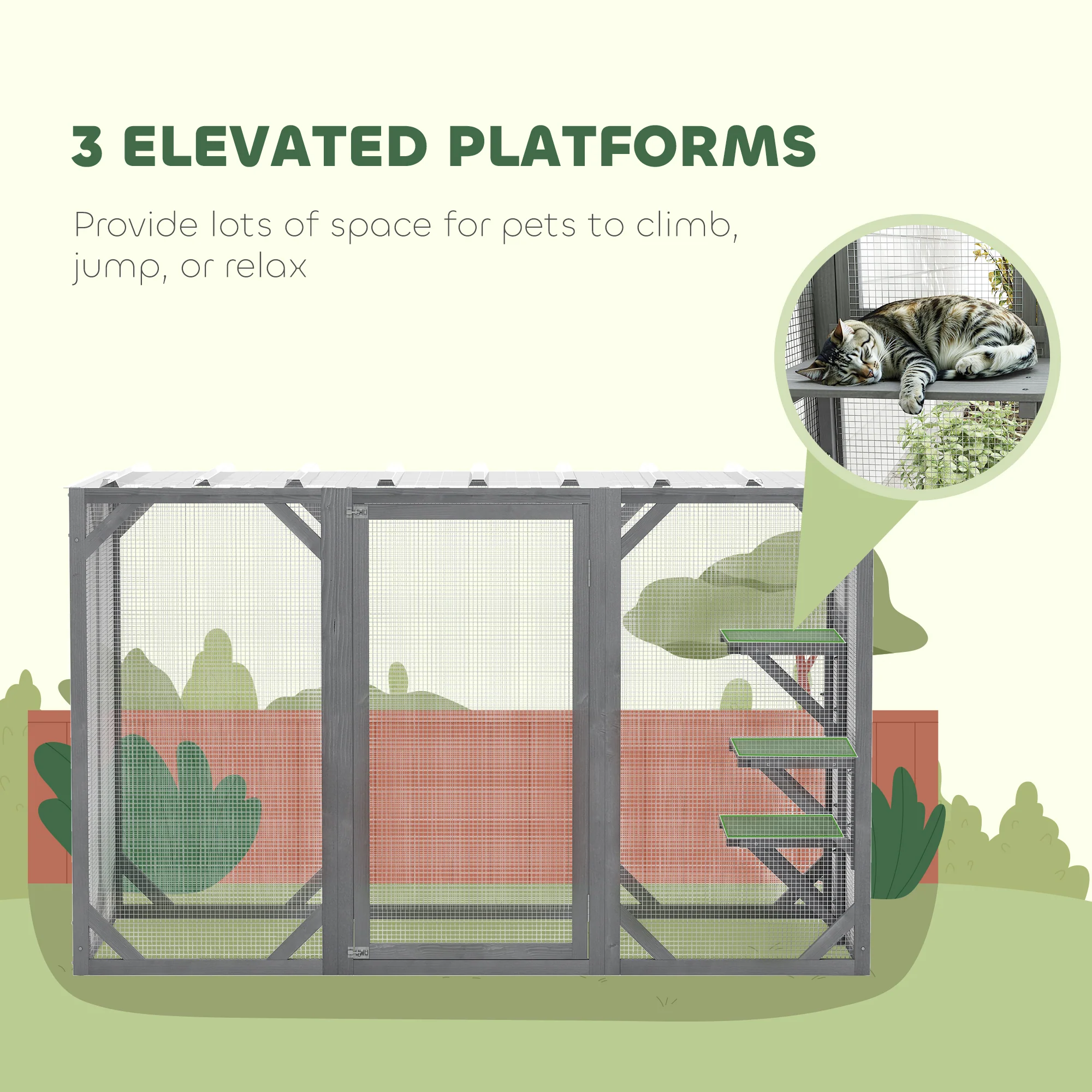 PawHut 71"Wooden Cat House with 3 Platforms, Large Door for Multiple Cats - Image 6