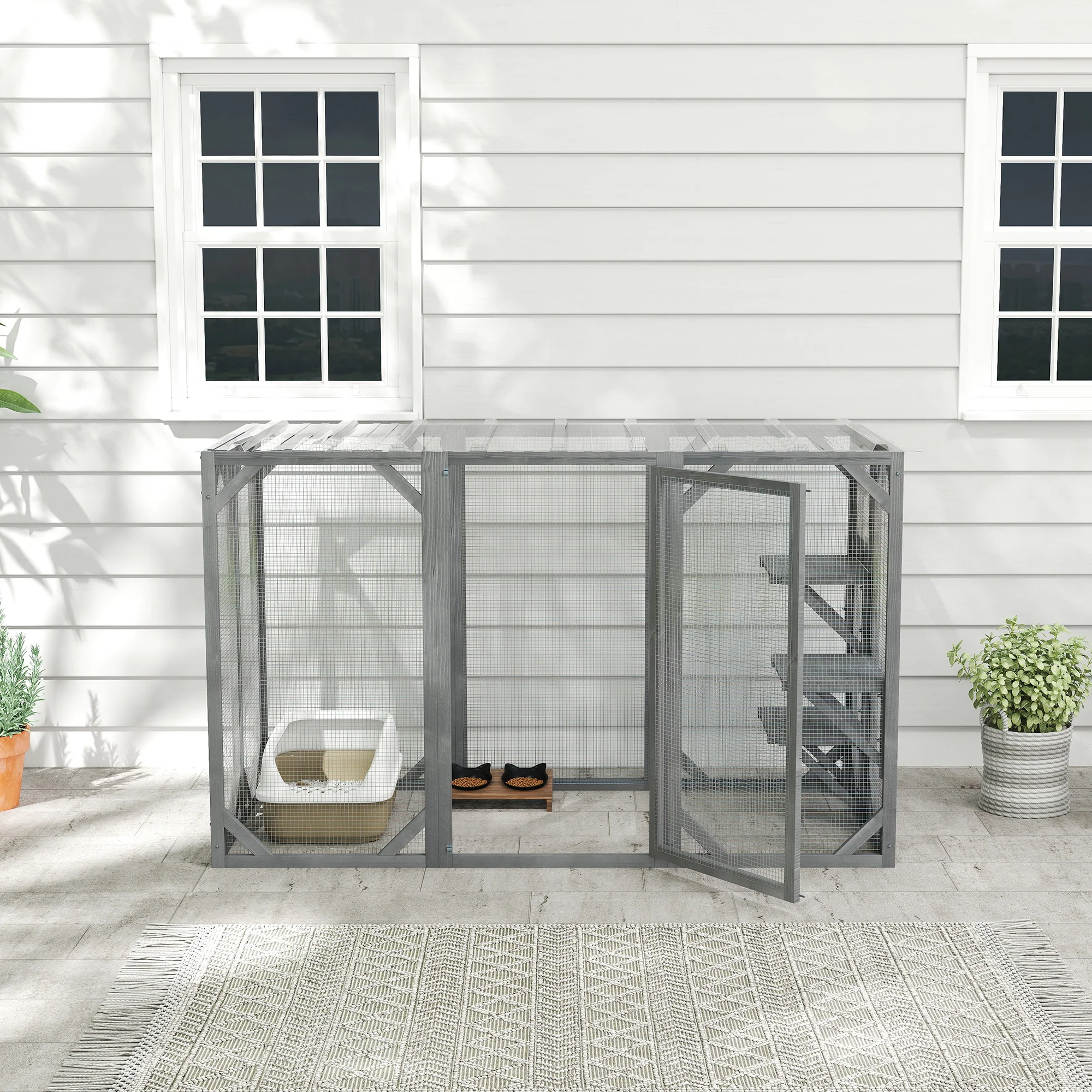 PawHut 71"Wooden Cat House with 3 Platforms, Large Door for Multiple Cats - Image 8